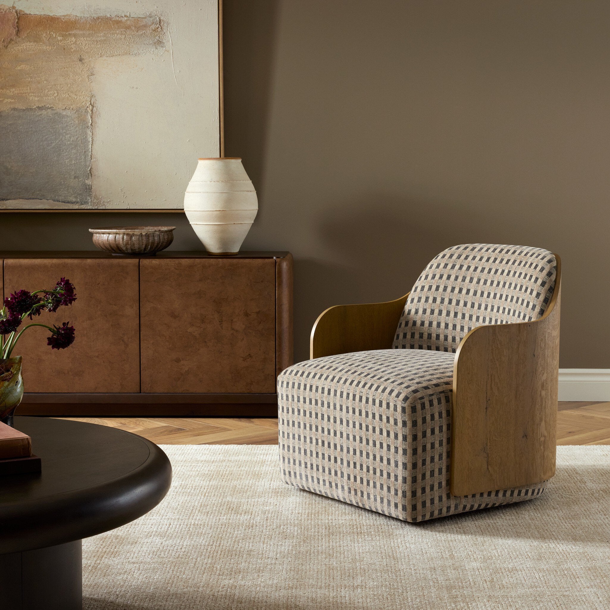 Four Hands Hemphill Swivel Chair — Firefinch Fawn-Aged Smoked Oak