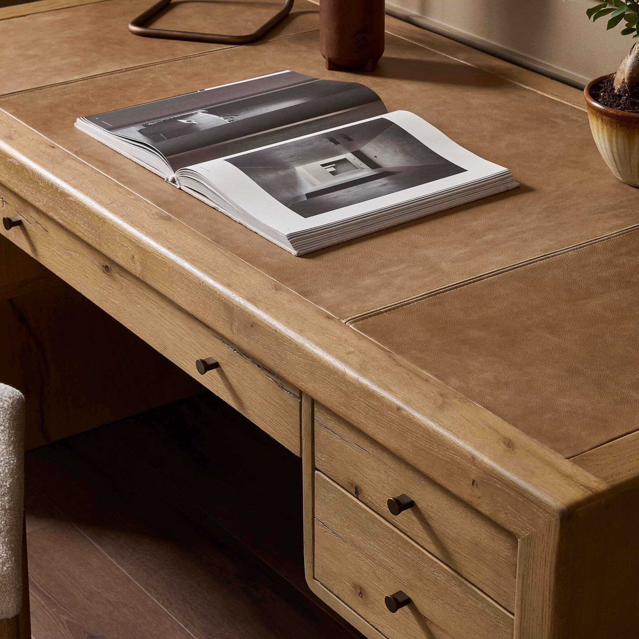 Four Hands Nico Desk — Aged Natural Oak Veneer-Palermo Drift-Bronze Antimony