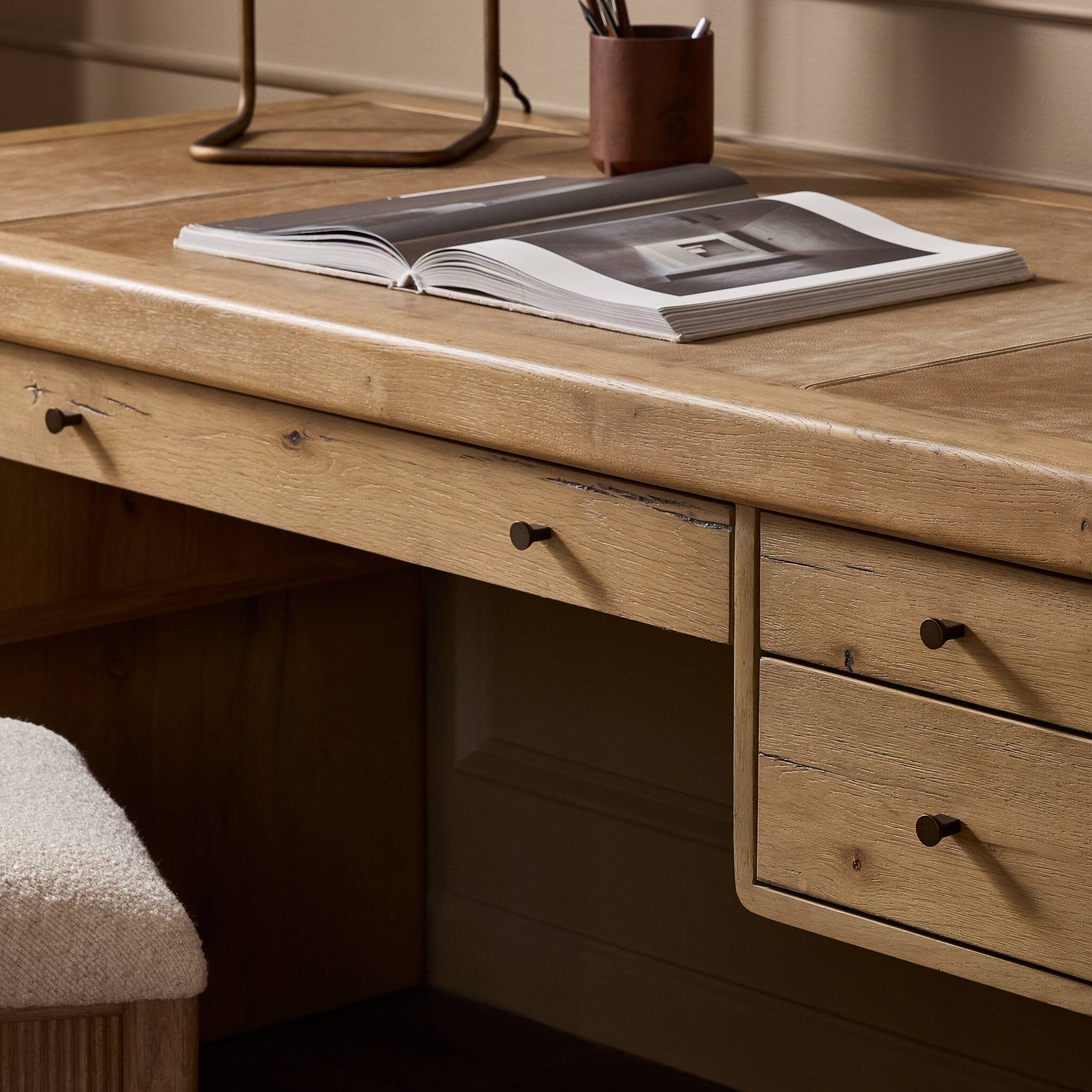 Four Hands Nico Desk — Aged Natural Oak Veneer-Palermo Drift-Bronze Antimony
