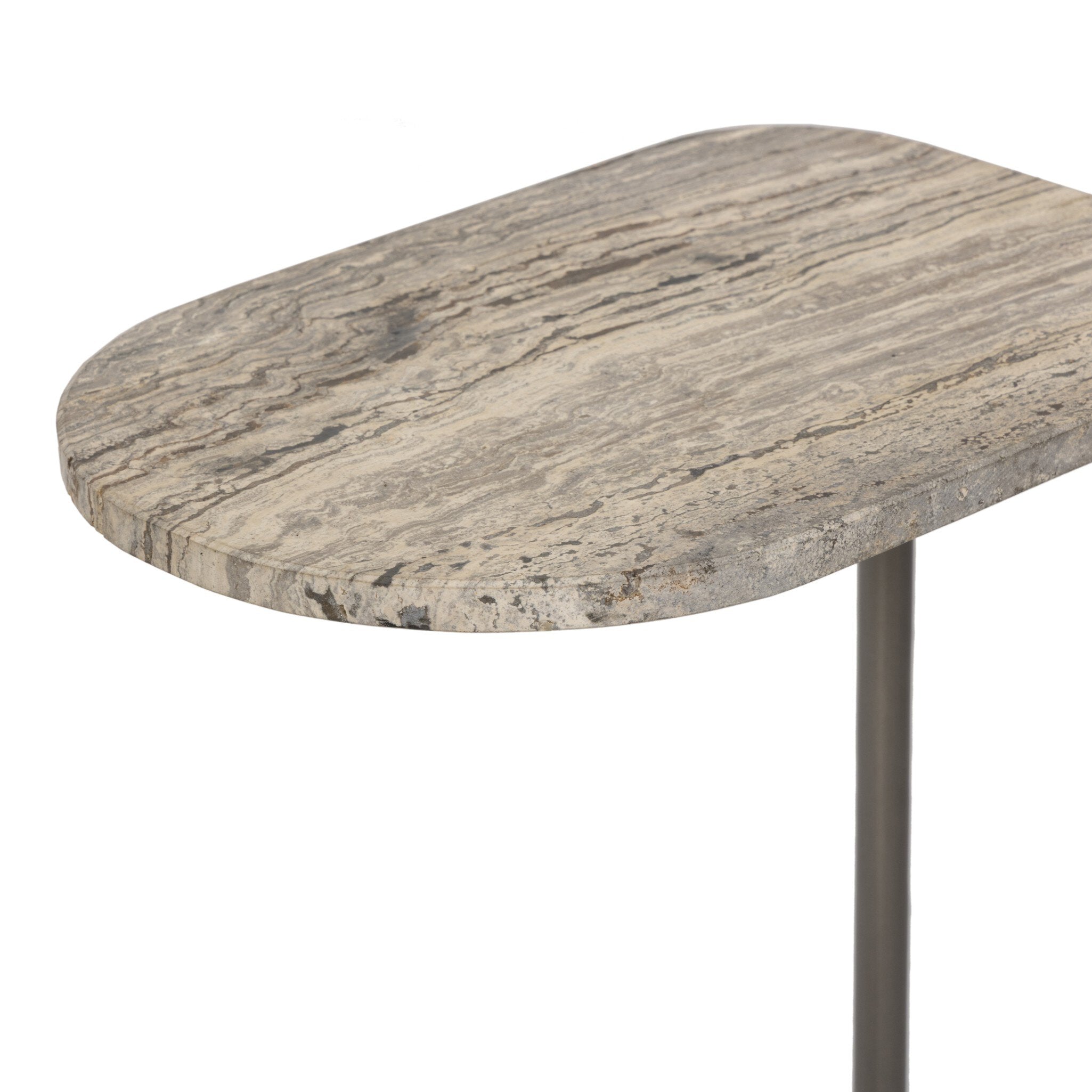 Four Hands Pixie End Table — Grey Stripe Travertine-Light Antique Pewter