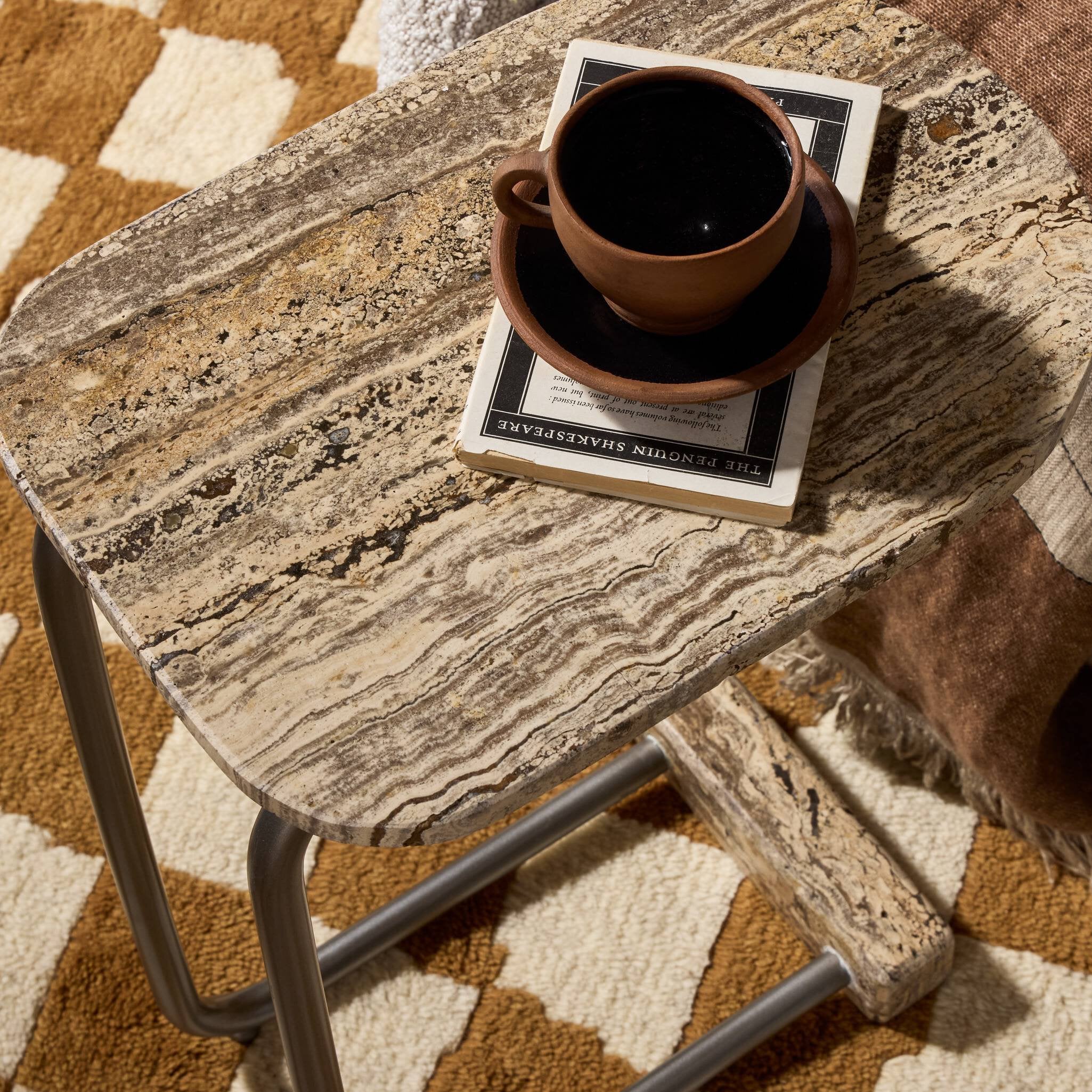 Four Hands Pixie End Table — Grey Stripe Travertine-Light Antique Pewter
