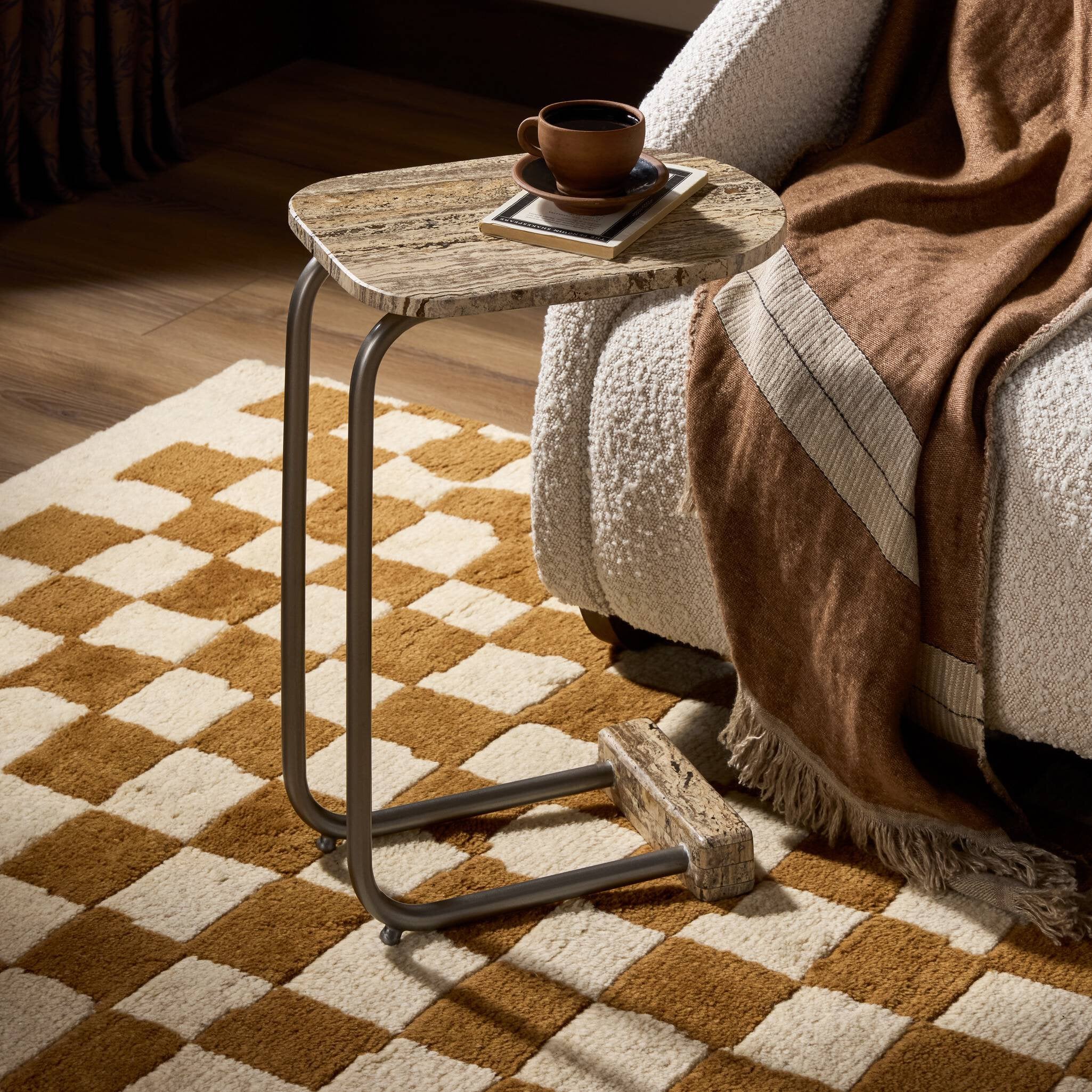 Four Hands Pixie End Table — Grey Stripe Travertine-Light Antique Pewter