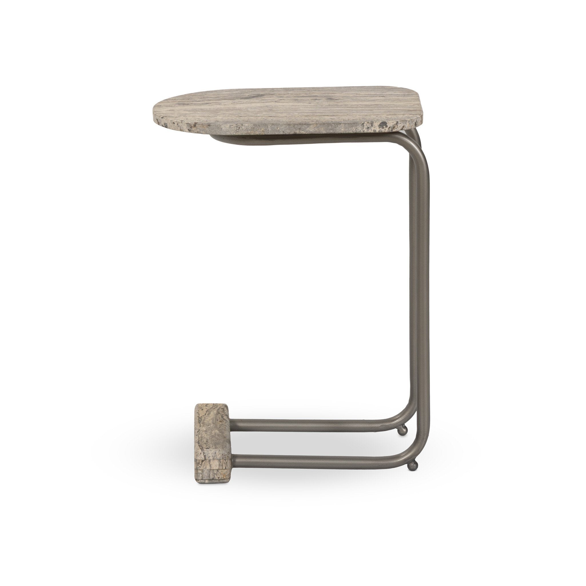 Four Hands Pixie End Table — Grey Stripe Travertine-Light Antique Pewter
