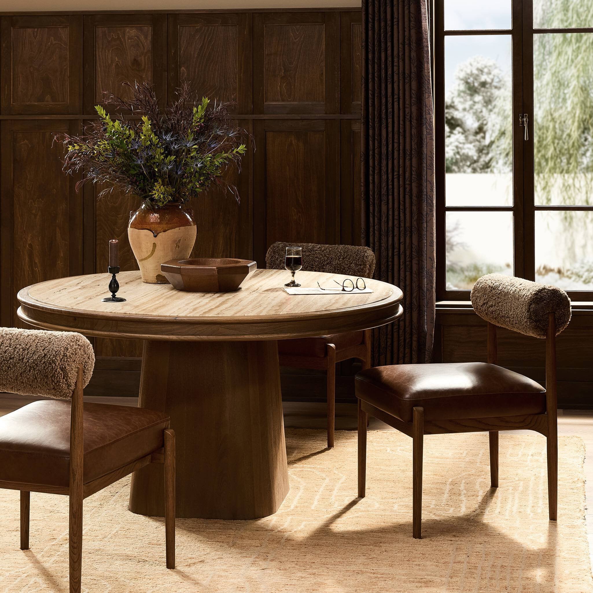 Four Hands Bourne Dining Table — Light Beige Travertine-Warm Mango Solid