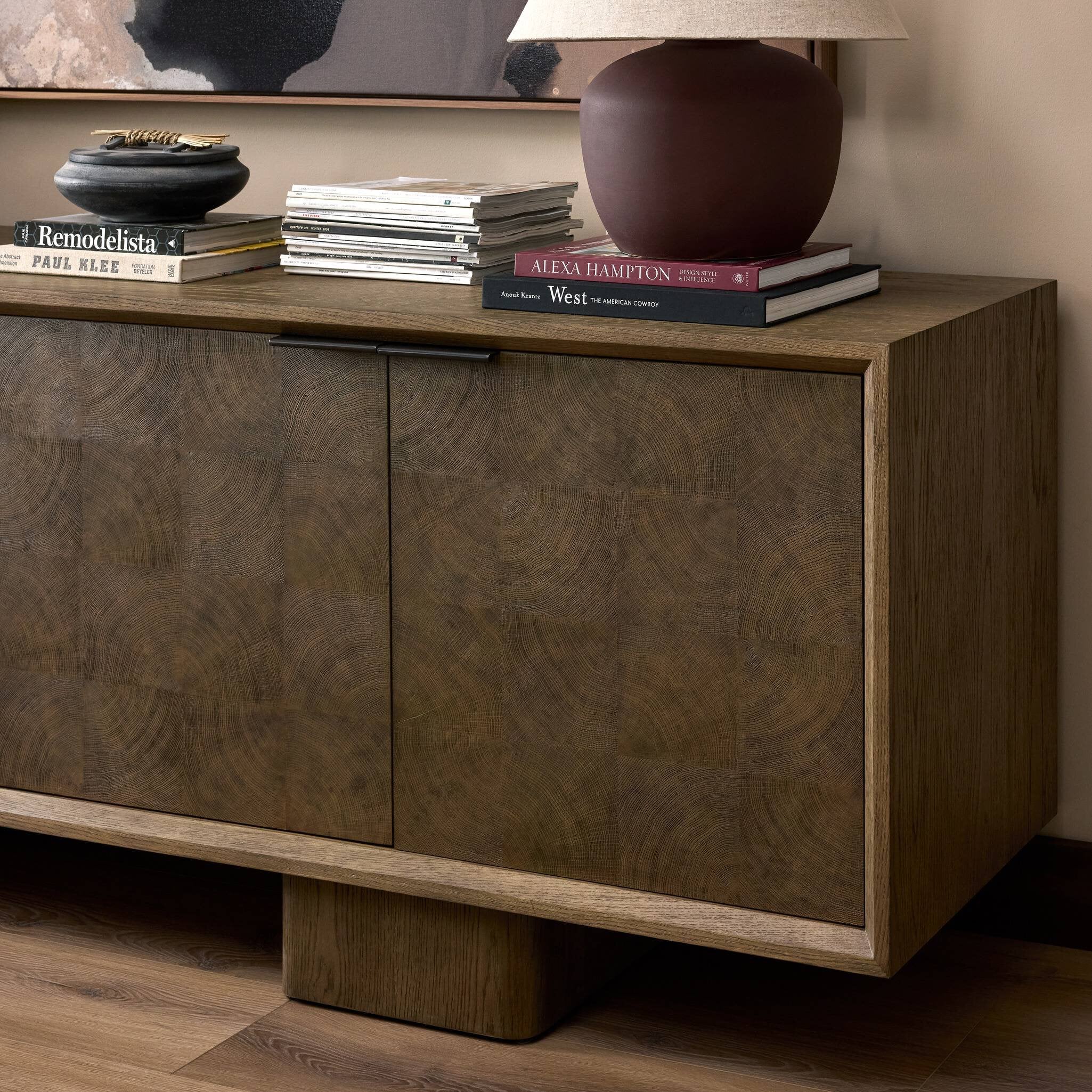 Four Hands Salta Sideboard — Brown Oak Thin Oyster-Brown Oak Thick Veneer-Dark Aluminum