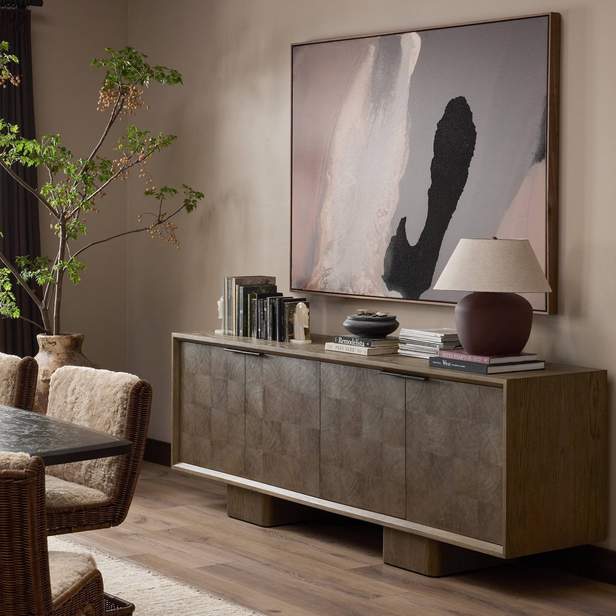 Four Hands Salta Sideboard — Brown Oak Thin Oyster-Brown Oak Thick Veneer-Dark Aluminum