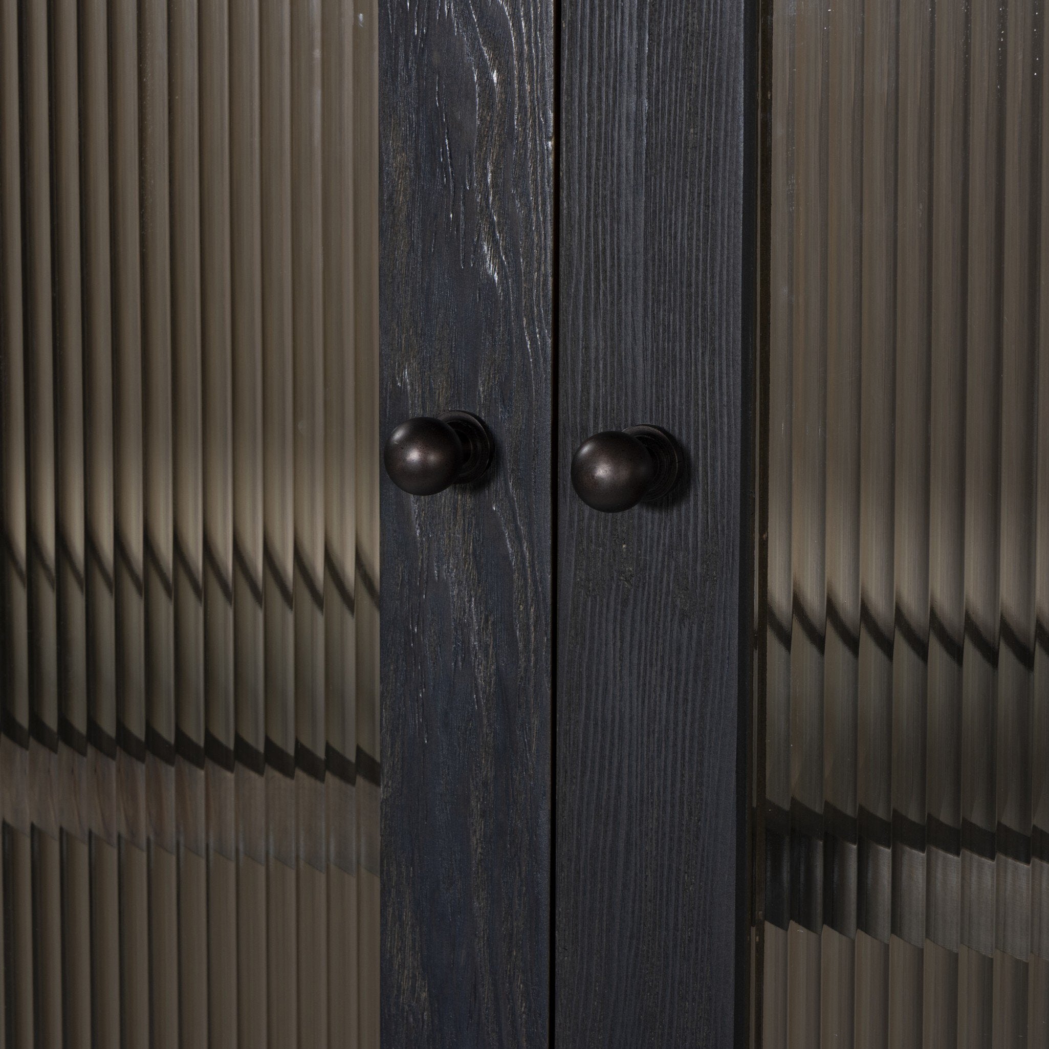 Four Hands Leopold Cabinet — Smooth Sandy Hemlock-Black Hemlock-Fluted Glass