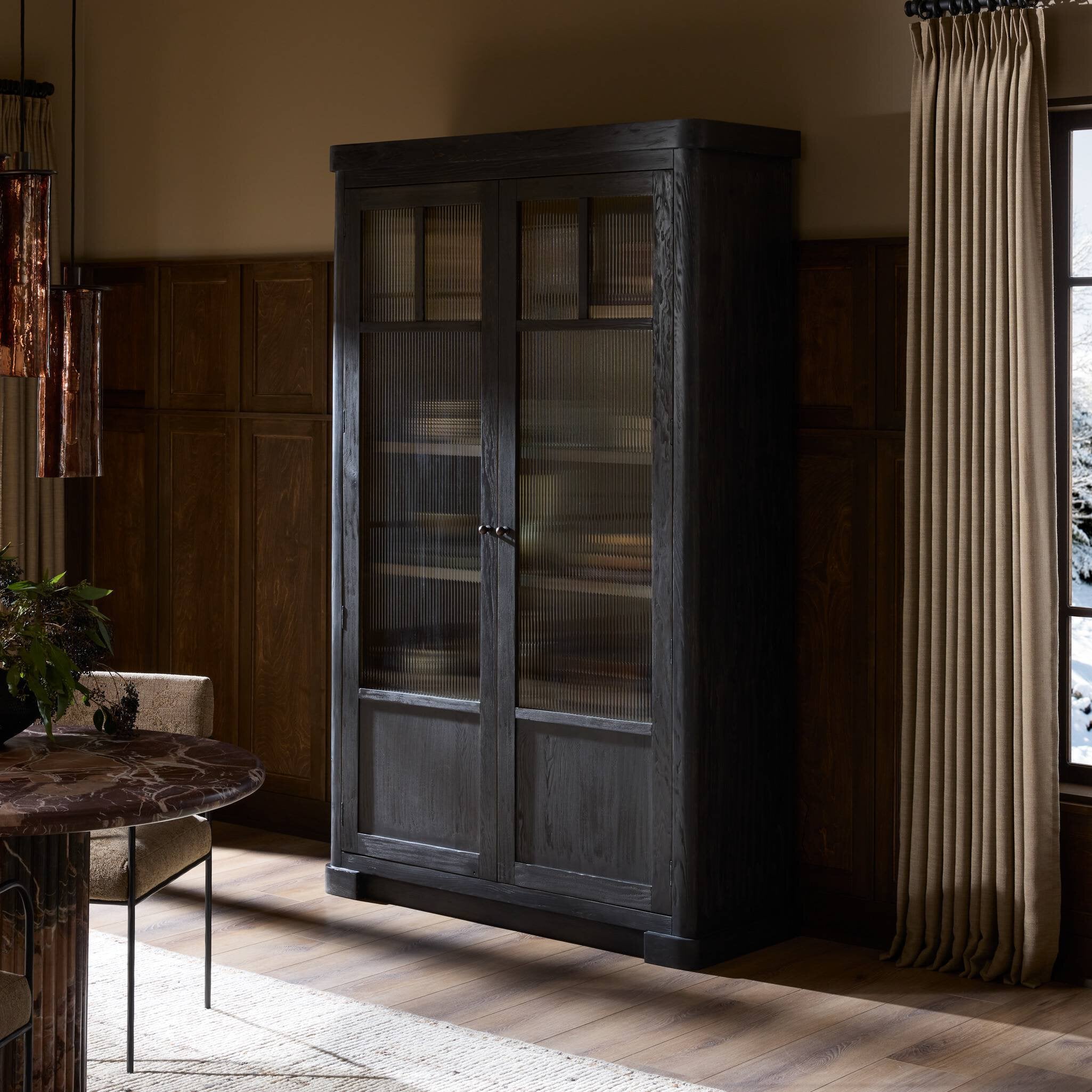 Four Hands Leopold Cabinet — Smooth Sandy Hemlock-Black Hemlock-Fluted Glass