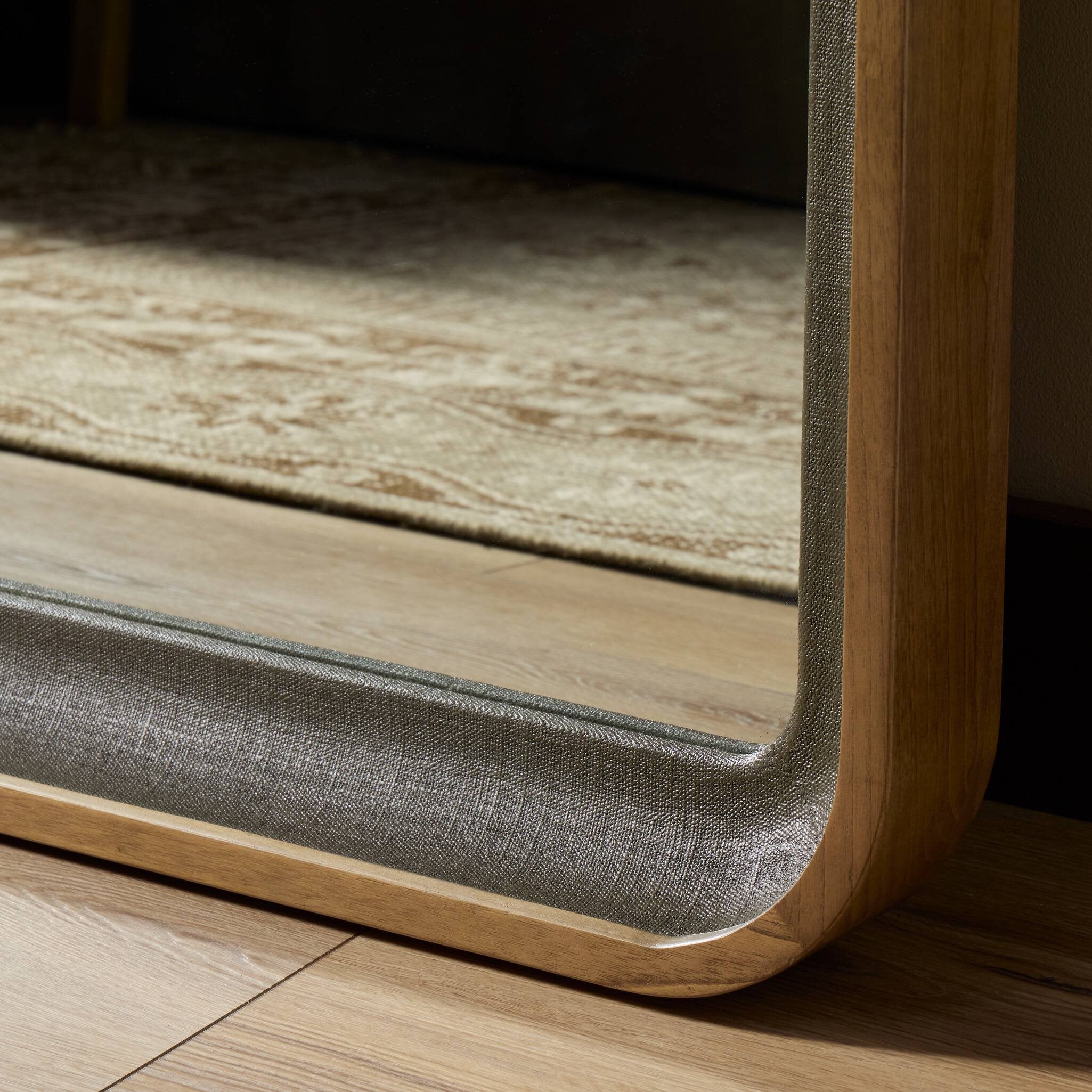 Four Hands Arno Grand Floor Mirror — Dark Green Lacquered Linen-Amber Sungkai Solid