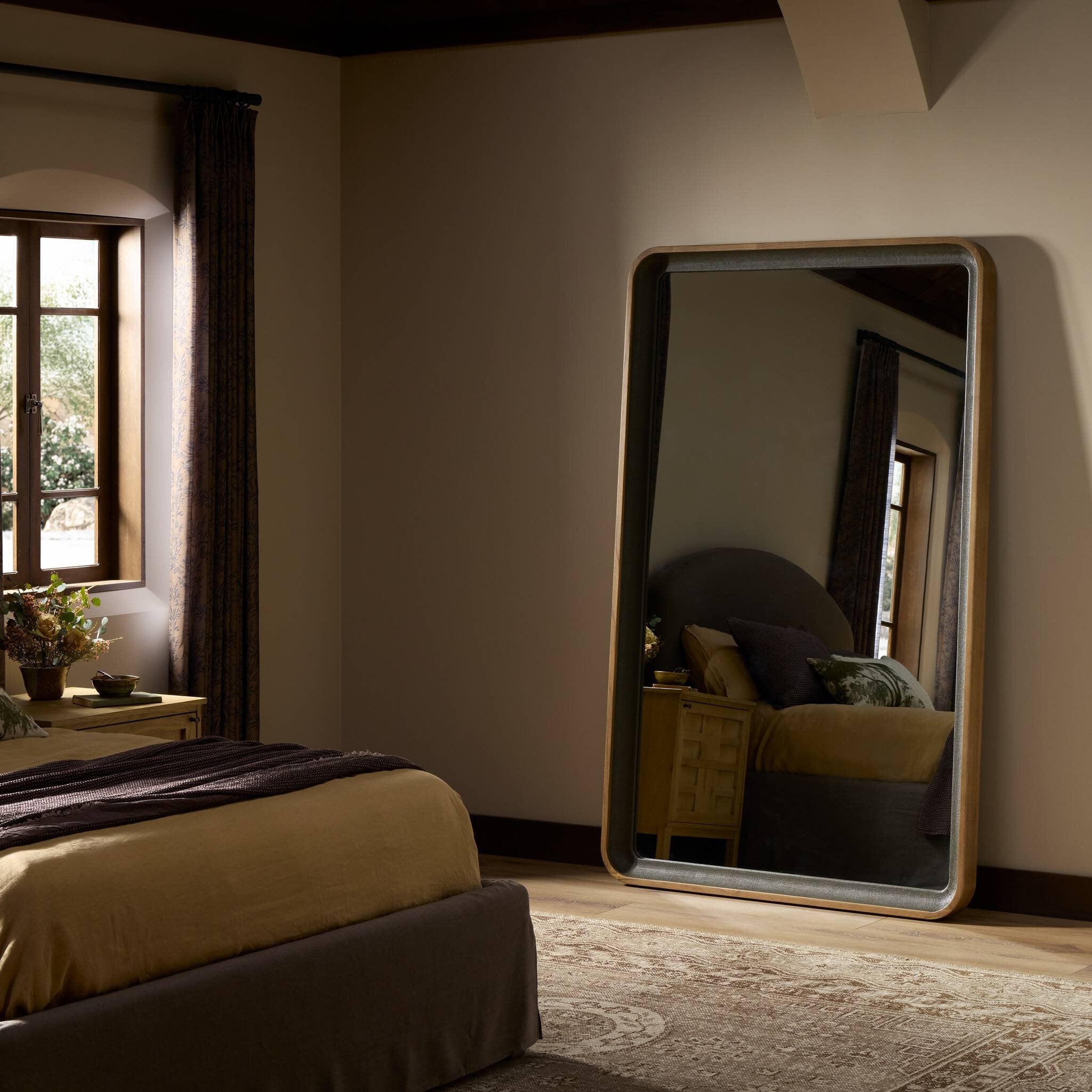 Four Hands Arno Grand Floor Mirror — Dark Green Lacquered Linen-Amber Sungkai Solid