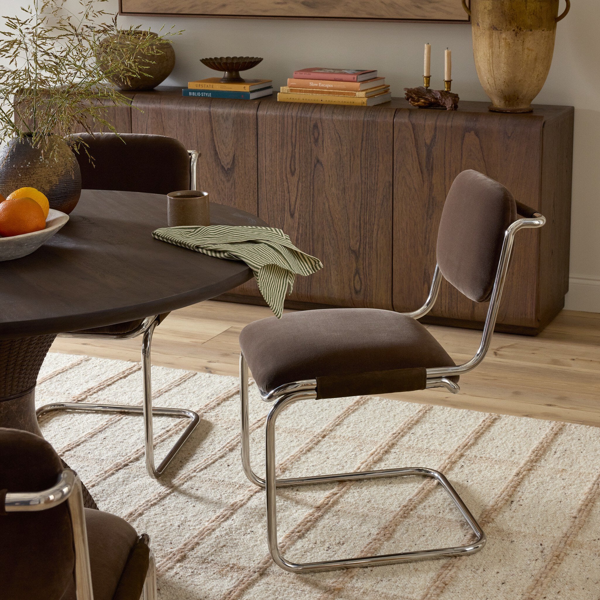Four Hands Bram Dining Chair — Surrey Mink-Cottswald Cigar Nubuck-Polished Silver