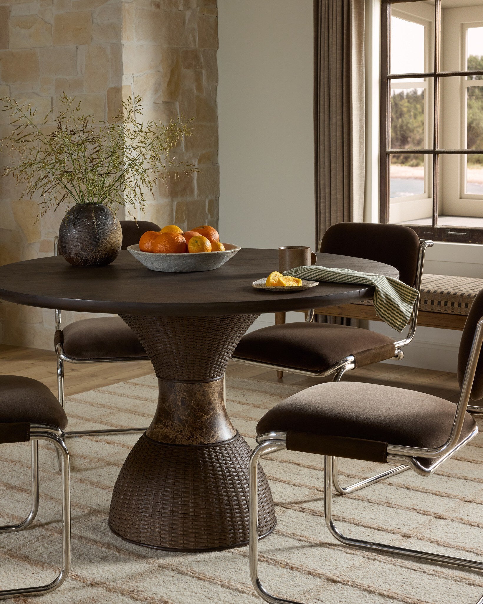 Four Hands Bram Dining Chair — Surrey Mink-Cottswald Cigar Nubuck-Polished Silver