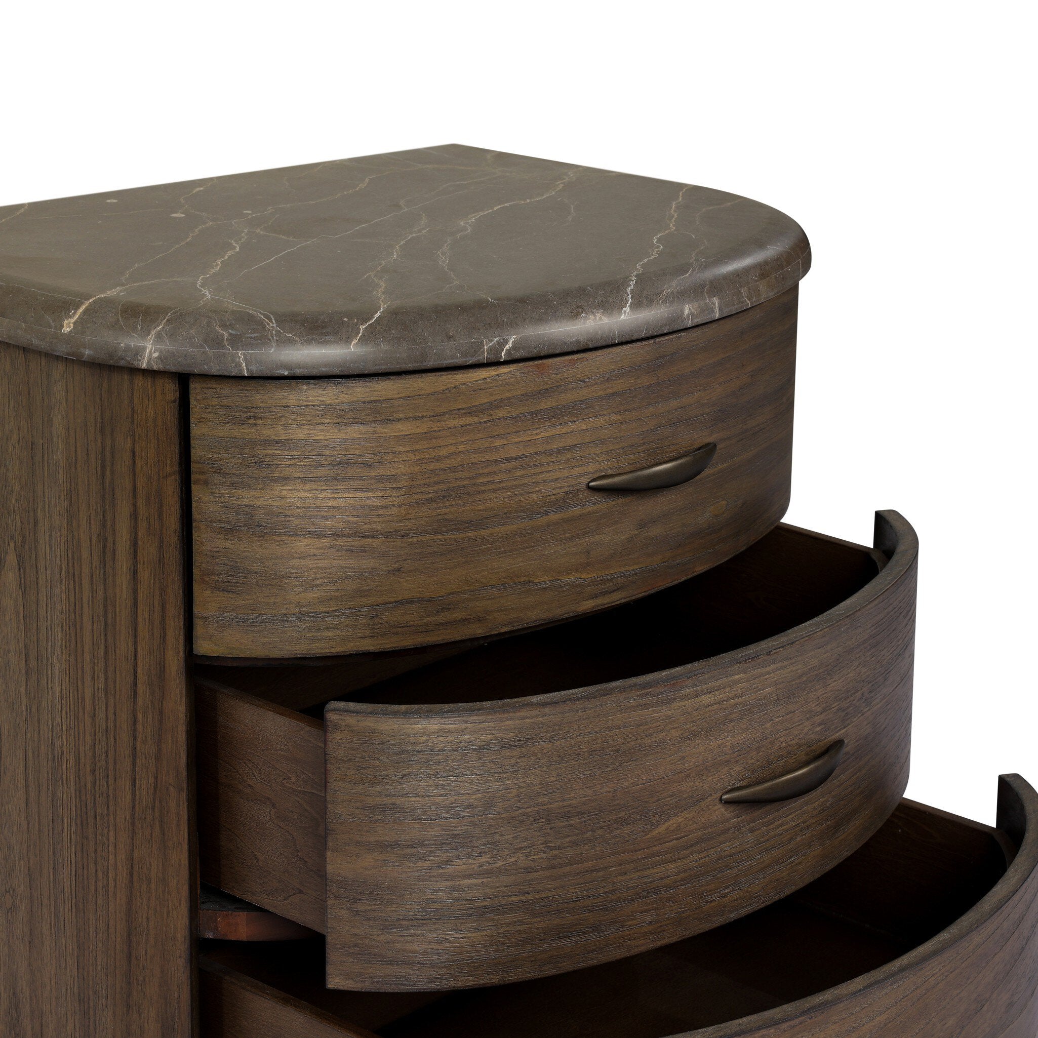 Four Hands Tovae Nightstand — Honed Coffee Marble-Stained Saddle Brown Sungkai-Aged Brass