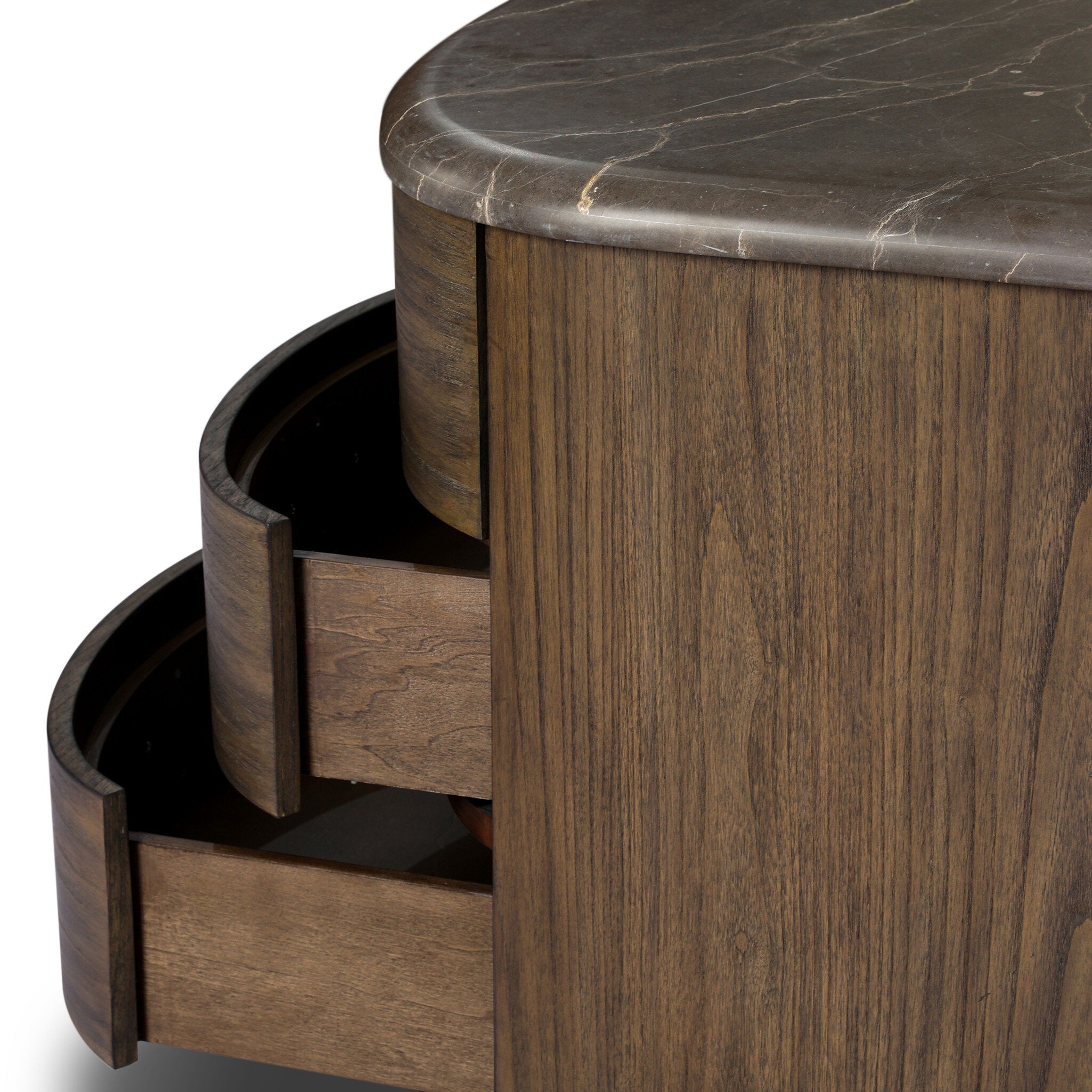 Four Hands Tovae Nightstand — Honed Coffee Marble-Stained Saddle Brown Sungkai-Aged Brass