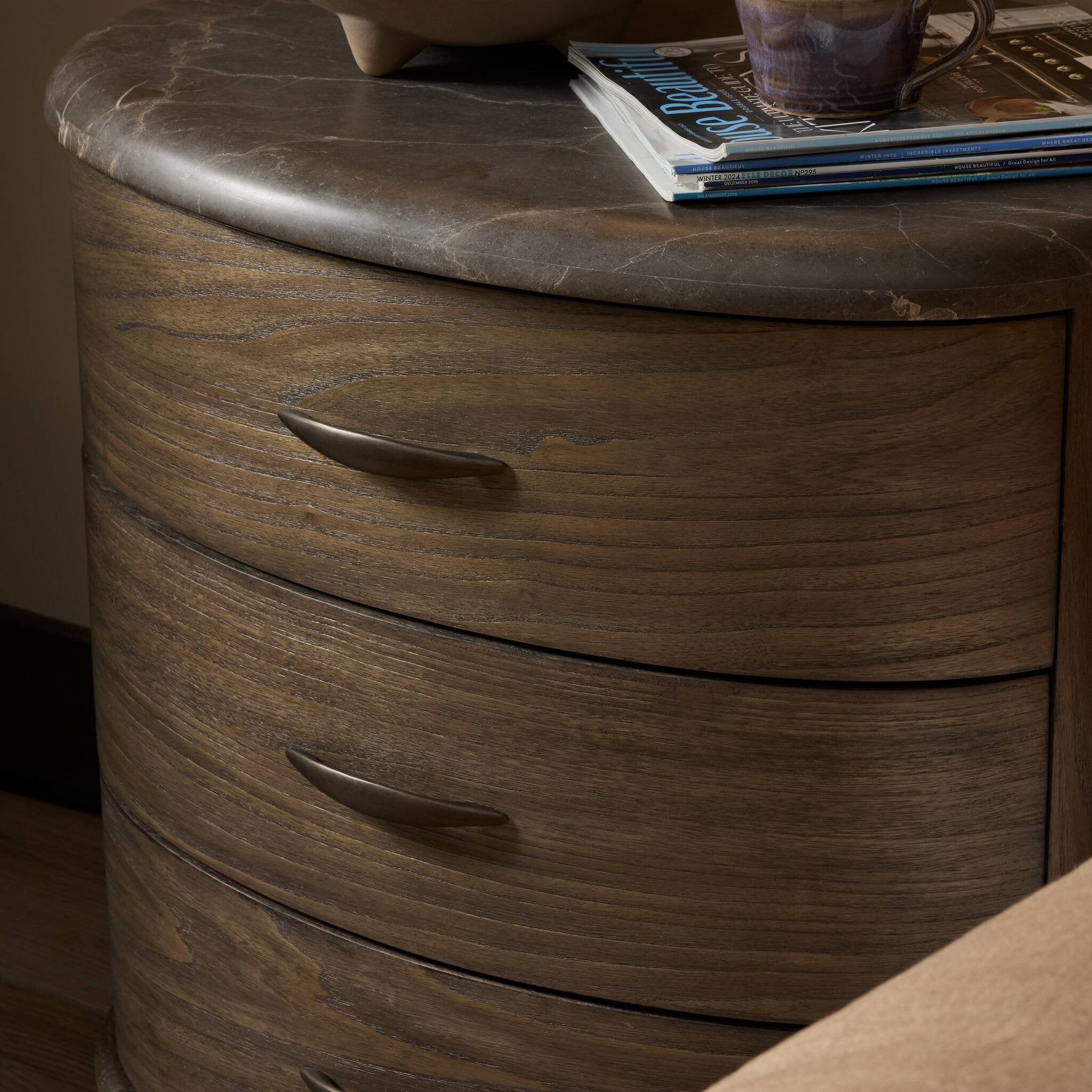 Four Hands Tovae Nightstand — Honed Coffee Marble-Stained Saddle Brown Sungkai-Aged Brass