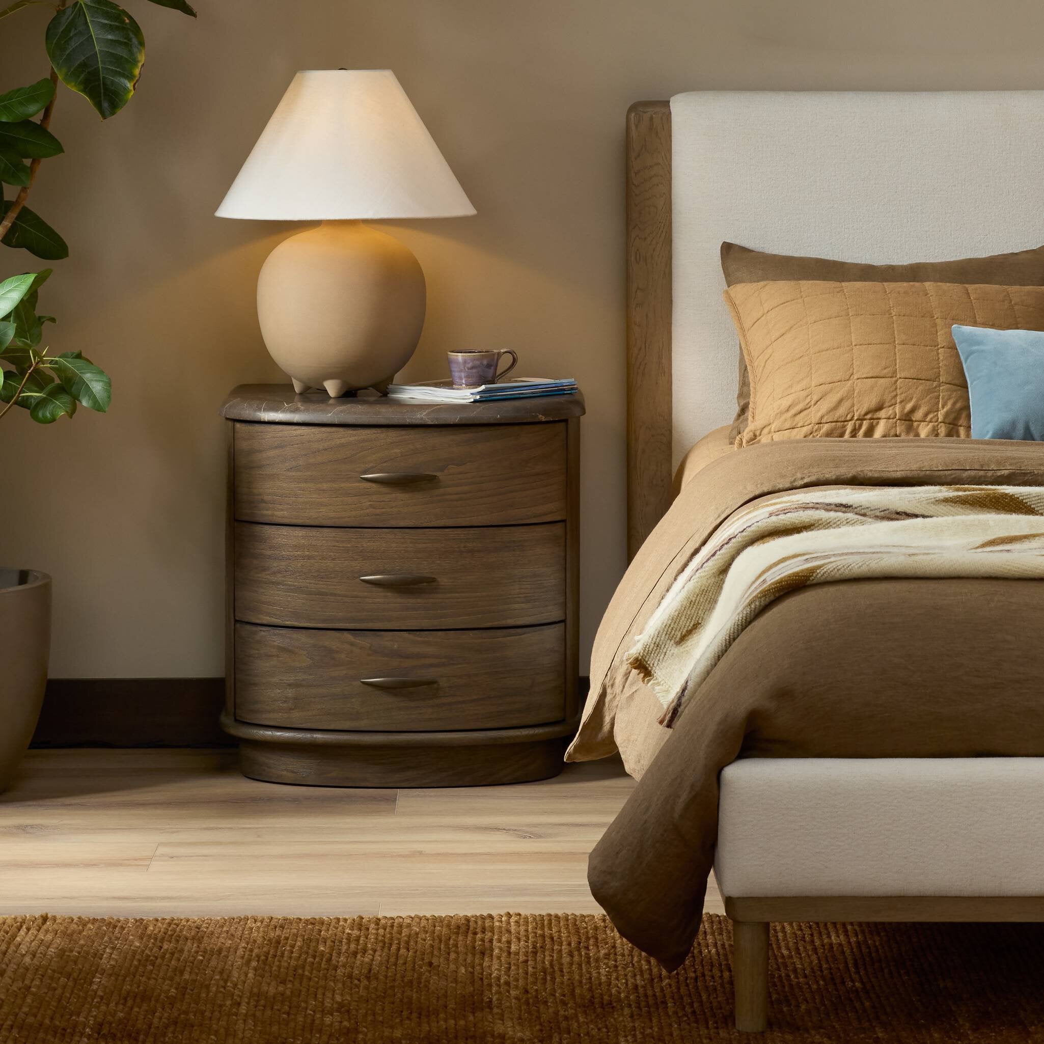 Four Hands Tovae Nightstand — Honed Coffee Marble-Stained Saddle Brown Sungkai-Aged Brass