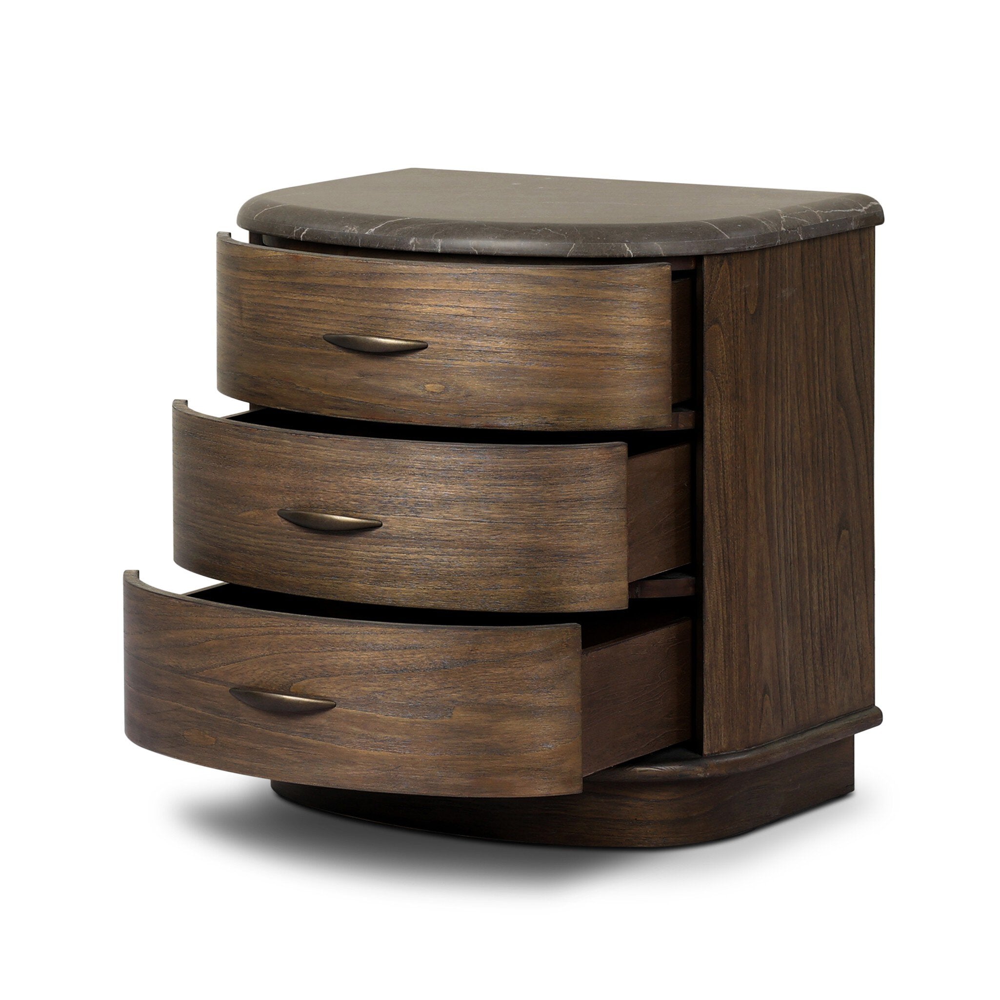 Four Hands Tovae Nightstand — Honed Coffee Marble-Stained Saddle Brown Sungkai-Aged Brass