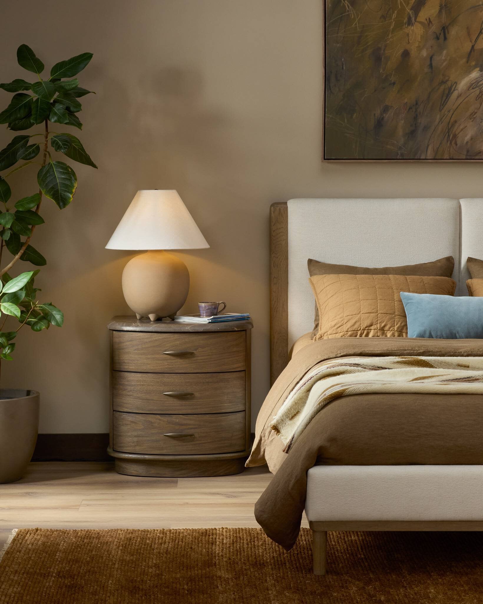 Four Hands Tovae Nightstand — Honed Coffee Marble-Stained Saddle Brown Sungkai-Aged Brass