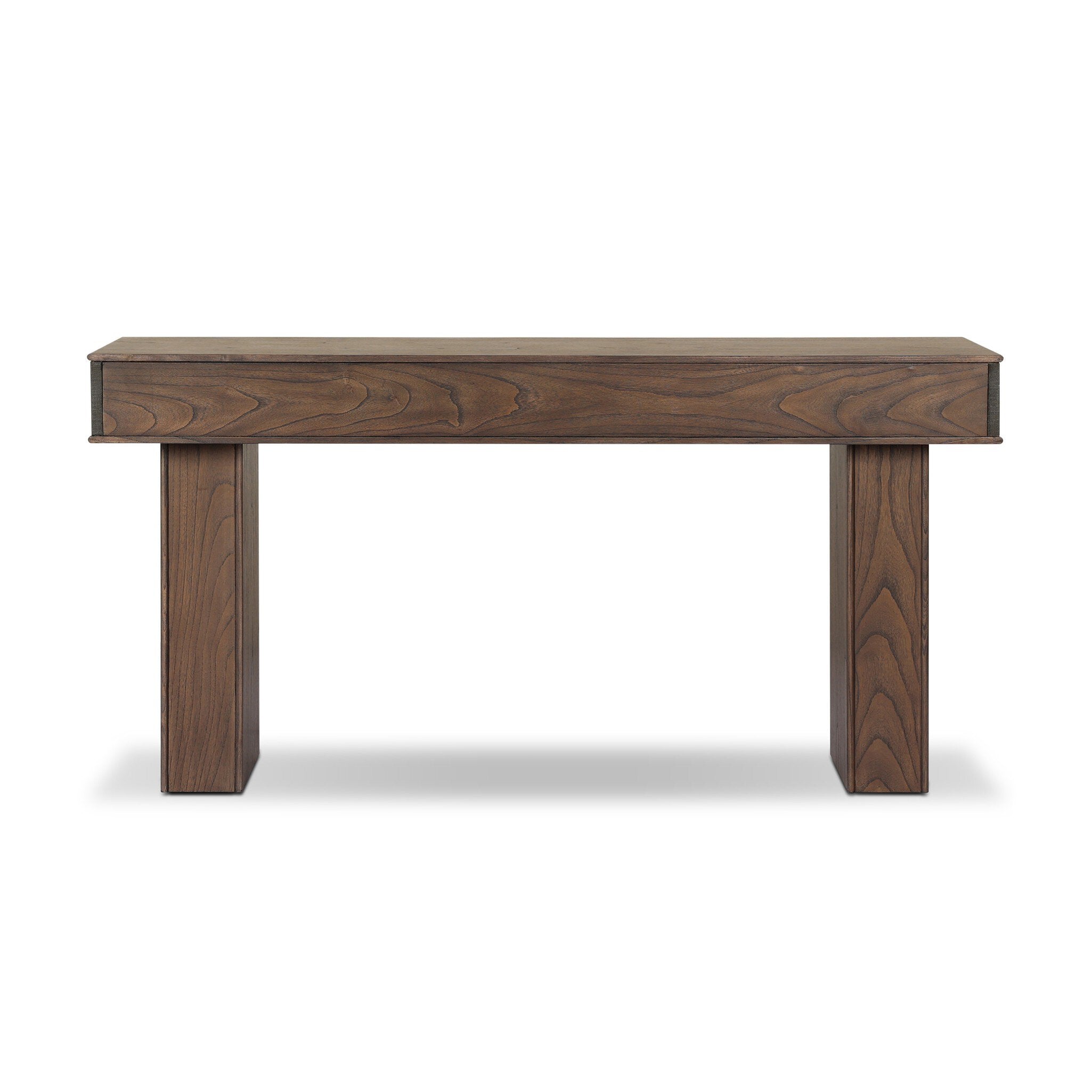 Four Hands Soloman Console Table — Dark Green Lacquered Linen-Stained Saddle Brown Sungkai-Aged Brass