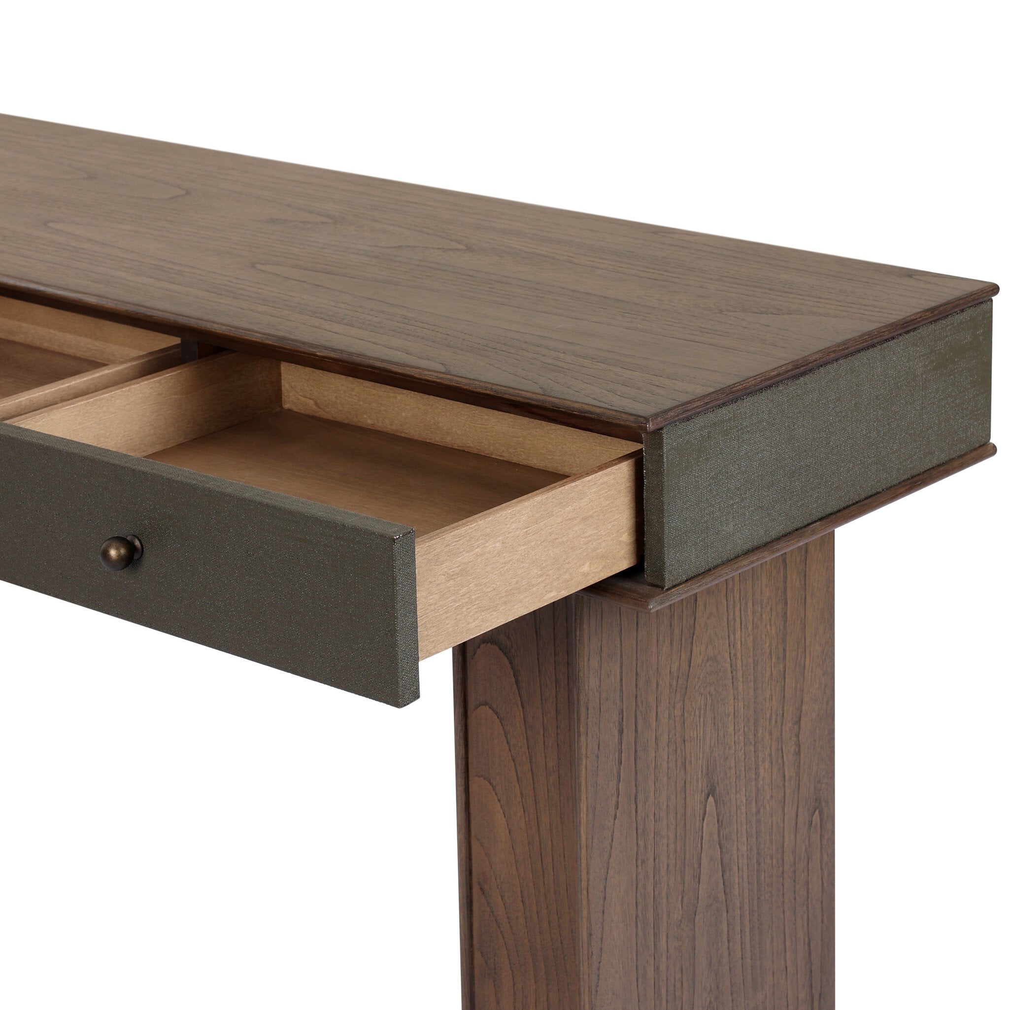 Four Hands Soloman Console Table — Dark Green Lacquered Linen-Stained Saddle Brown Sungkai-Aged Brass