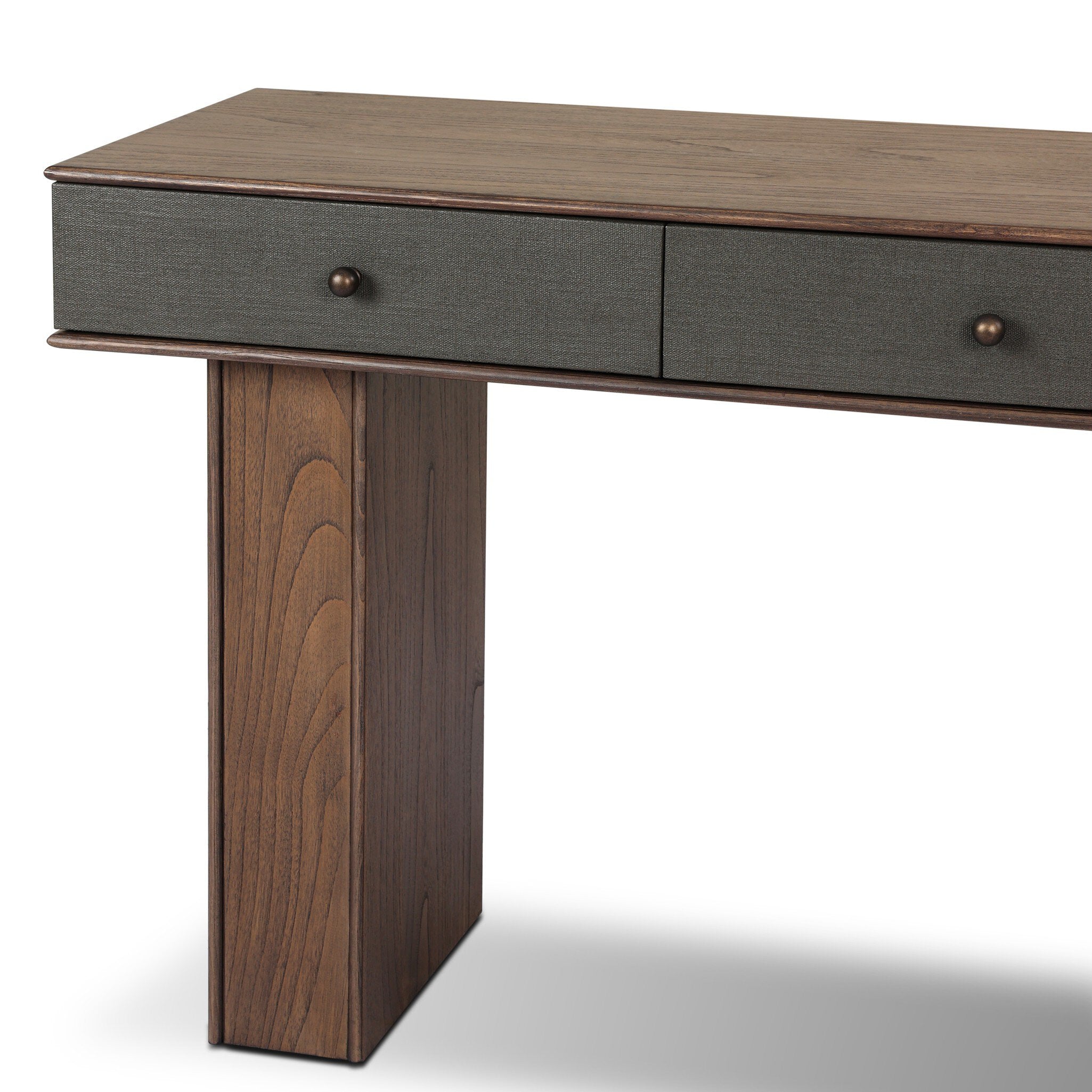 Four Hands Soloman Console Table — Dark Green Lacquered Linen-Stained Saddle Brown Sungkai-Aged Brass
