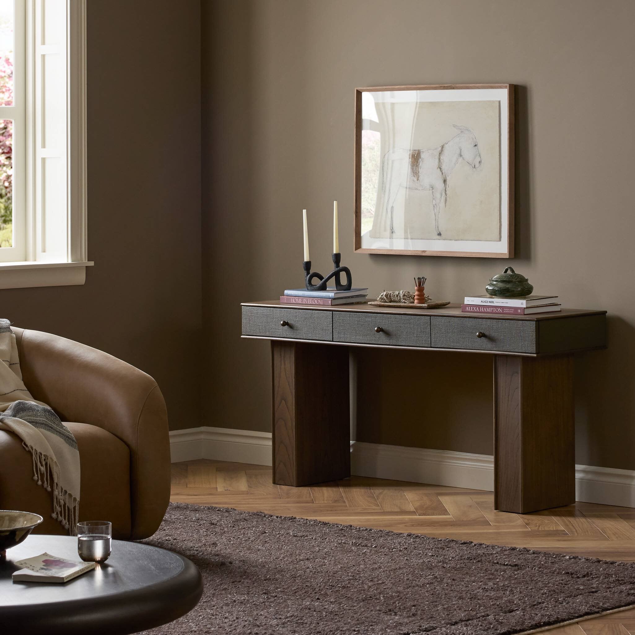 Four Hands Soloman Console Table — Dark Green Lacquered Linen-Stained Saddle Brown Sungkai-Aged Brass