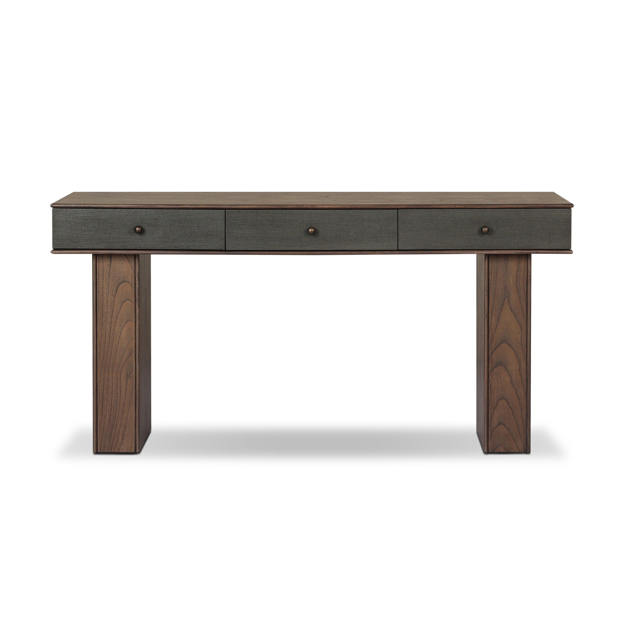 Four Hands Soloman Console Table — Dark Green Lacquered Linen-Stained Saddle Brown Sungkai-Aged Brass