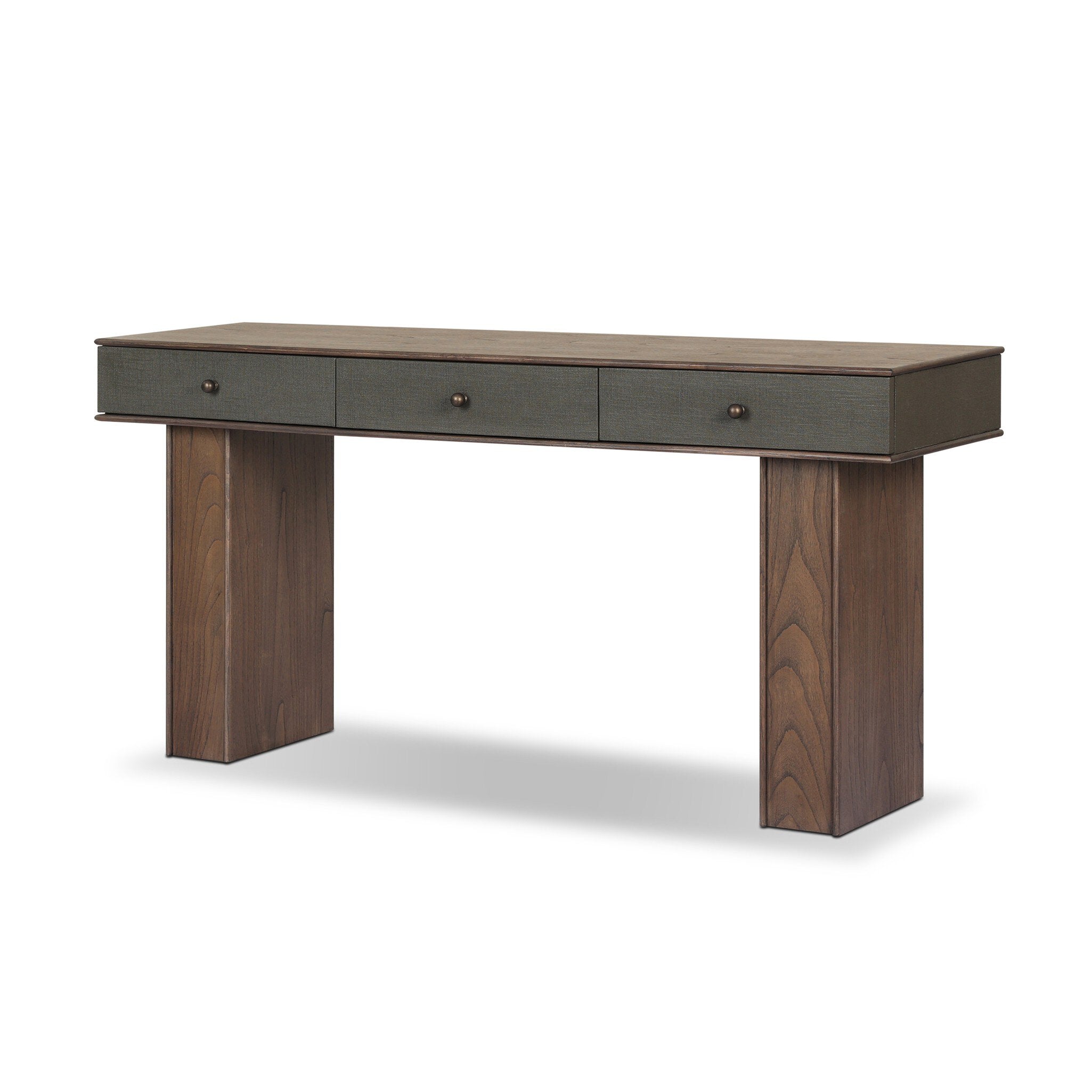 Four Hands Soloman Console Table — Dark Green Lacquered Linen-Stained Saddle Brown Sungkai-Aged Brass