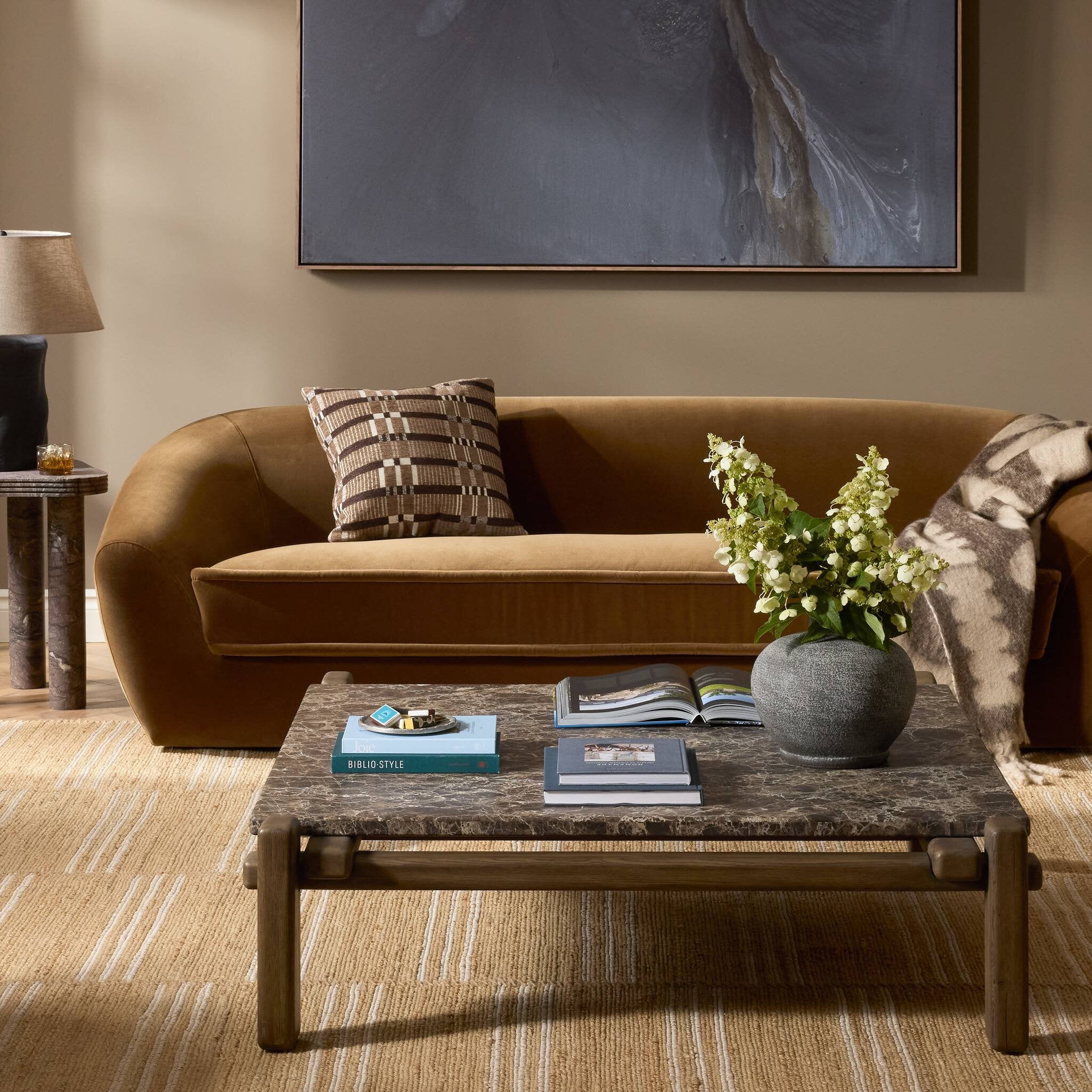 Four Hands Marcia Square Marble Coffee Table — Brown Emperador Marble-Grey Reclaimed French Oak