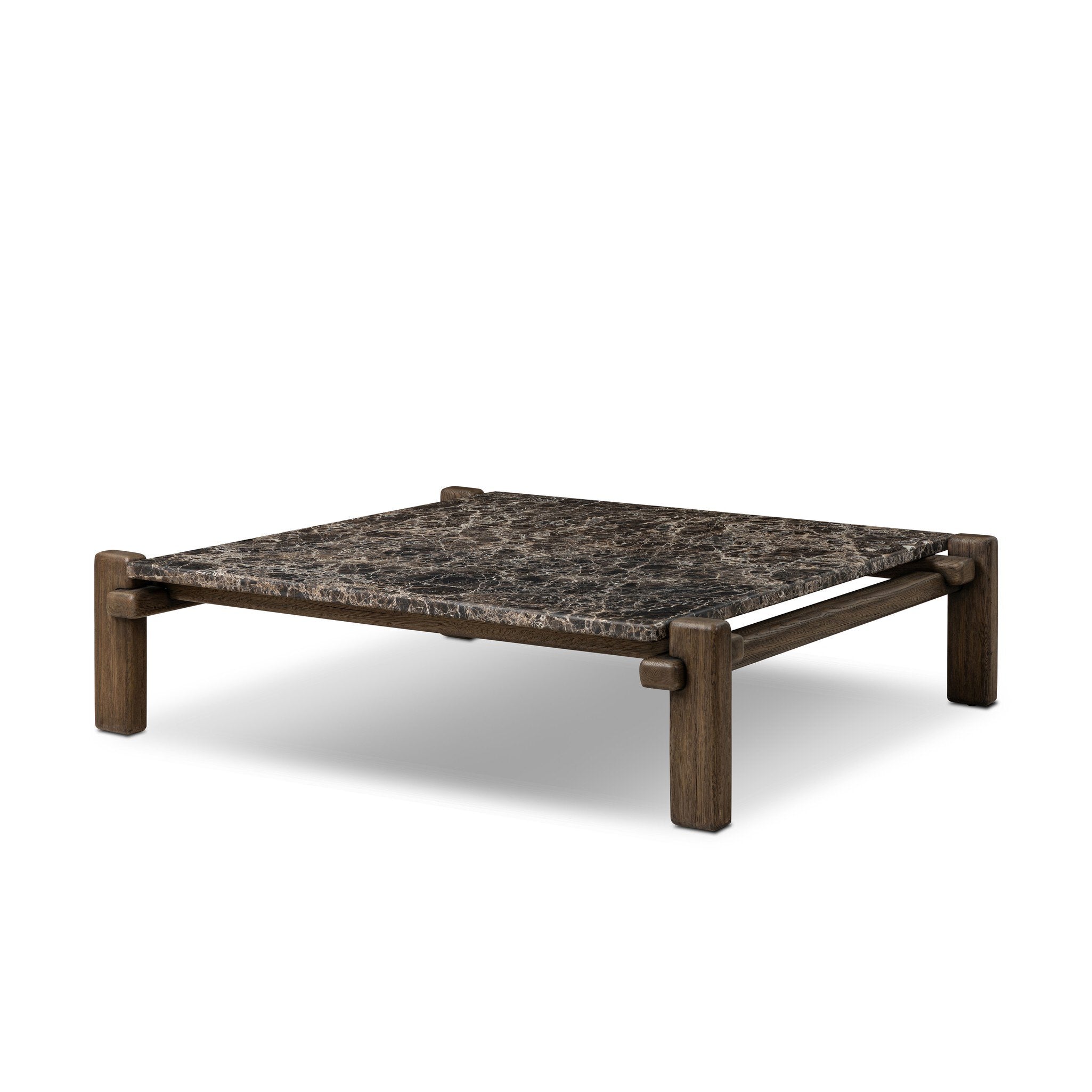 Four Hands Marcia Square Marble Coffee Table — Brown Emperador Marble-Grey Reclaimed French Oak