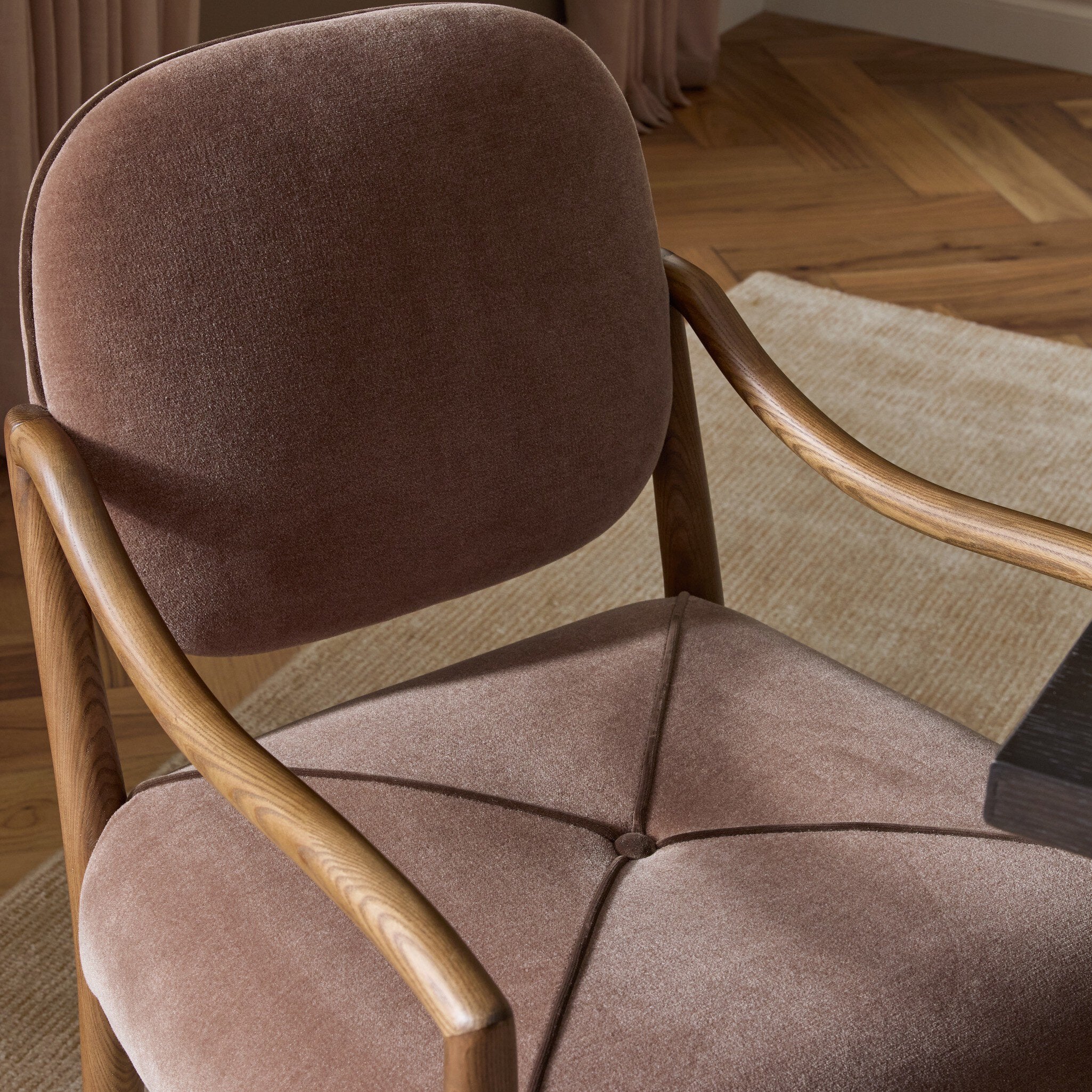 Four Hands Auden Dining Arm Chair — Monte Mushroom-Surrey Mink-Amber Ash