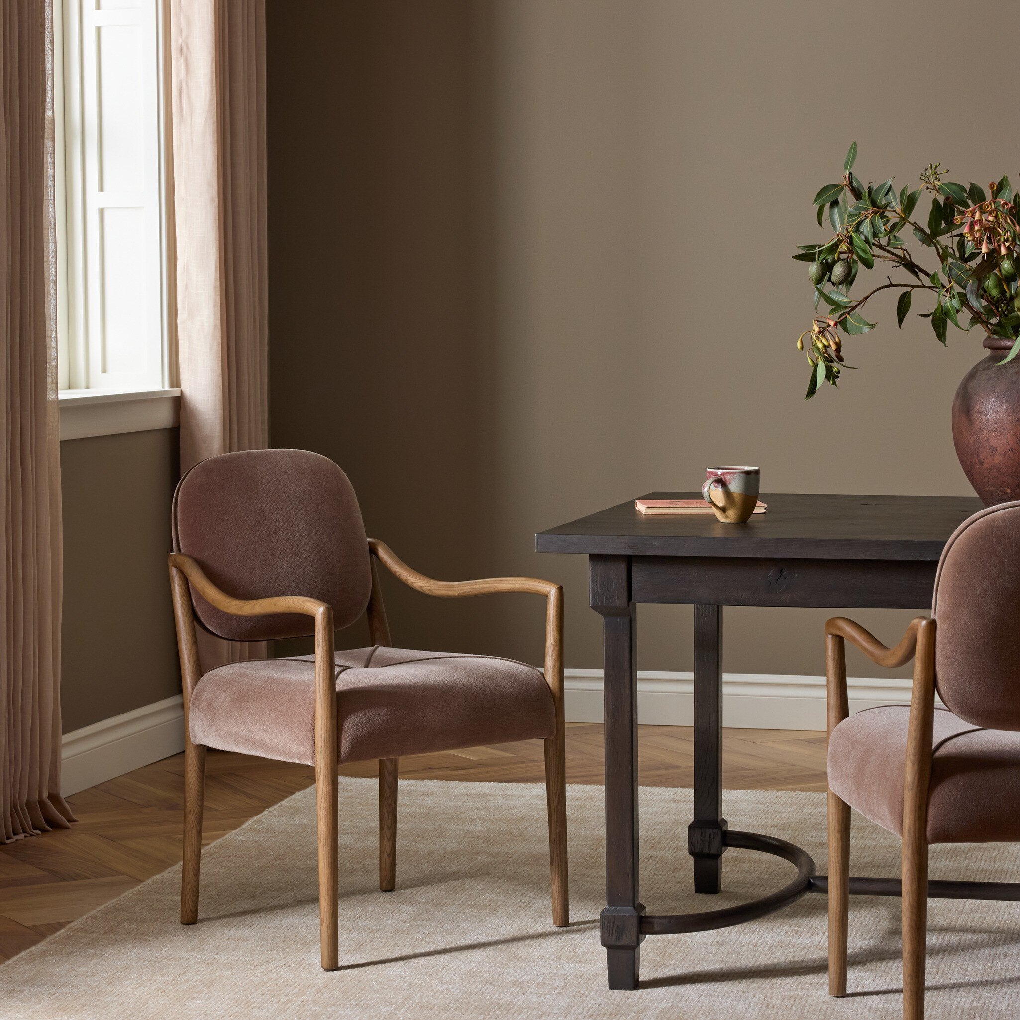 Four Hands Auden Dining Arm Chair — Monte Mushroom-Surrey Mink-Amber Ash