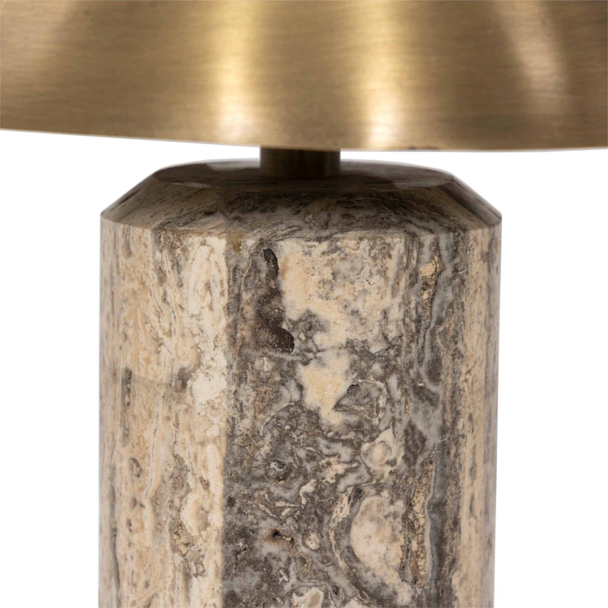 Four Hands Zana Cordless Table Lamp — Aged Antique Brass Iron-Grey Stripe Travertine