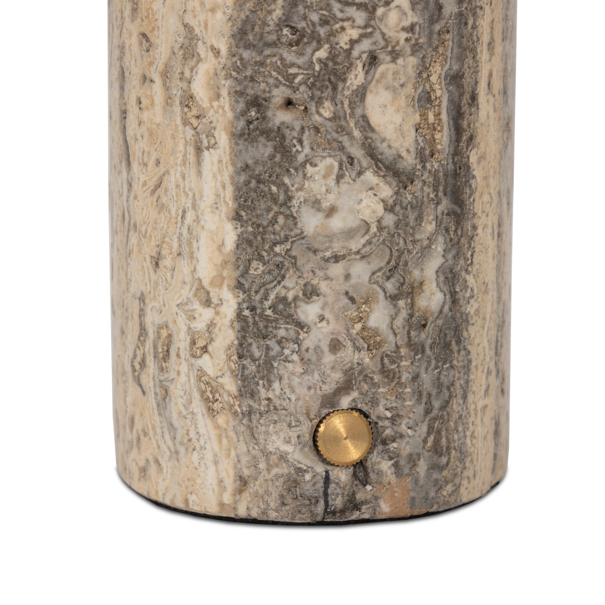 Four Hands Zana Cordless Table Lamp — Aged Antique Brass Iron-Grey Stripe Travertine