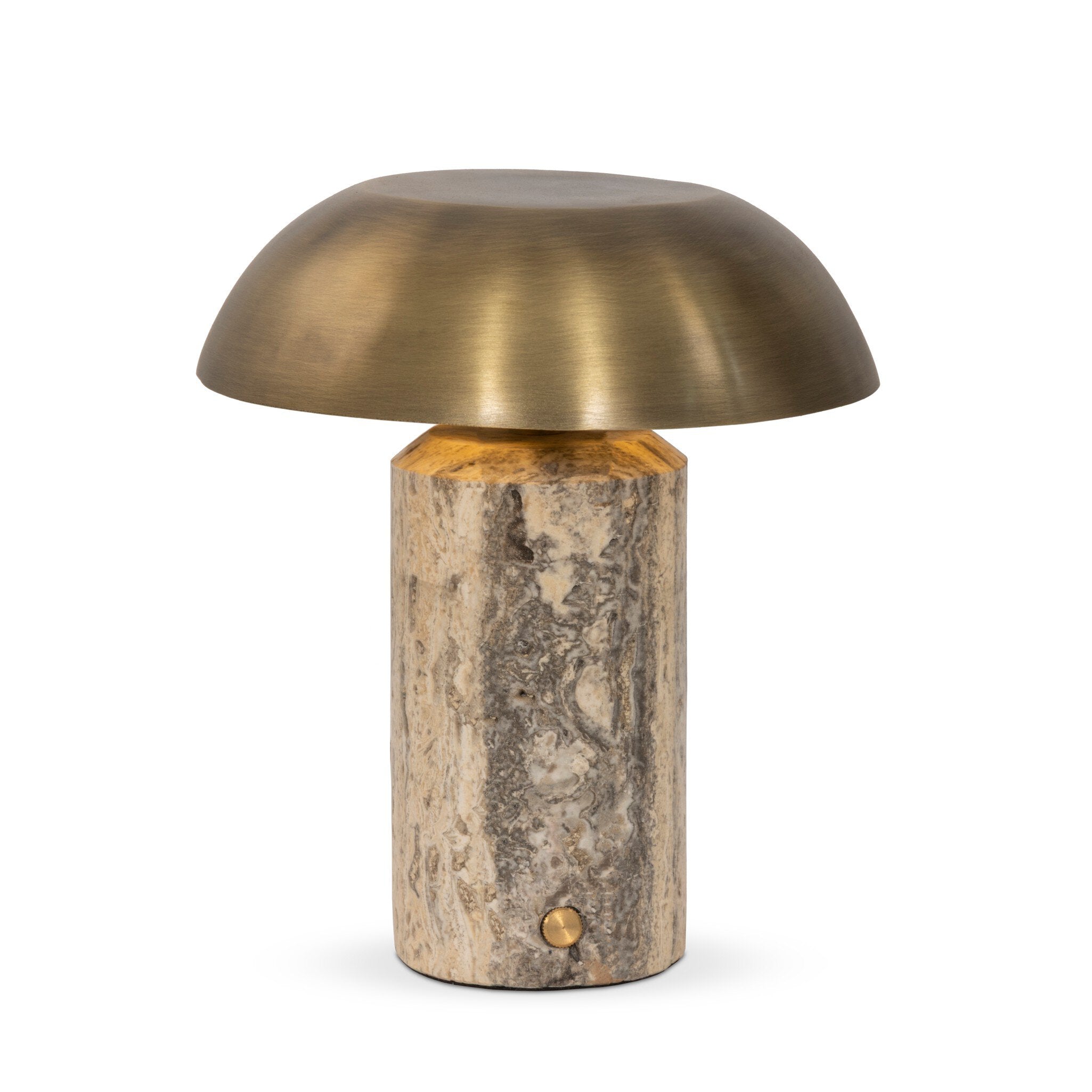 Four Hands Zana Cordless Table Lamp — Aged Antique Brass Iron-Grey Stripe Travertine