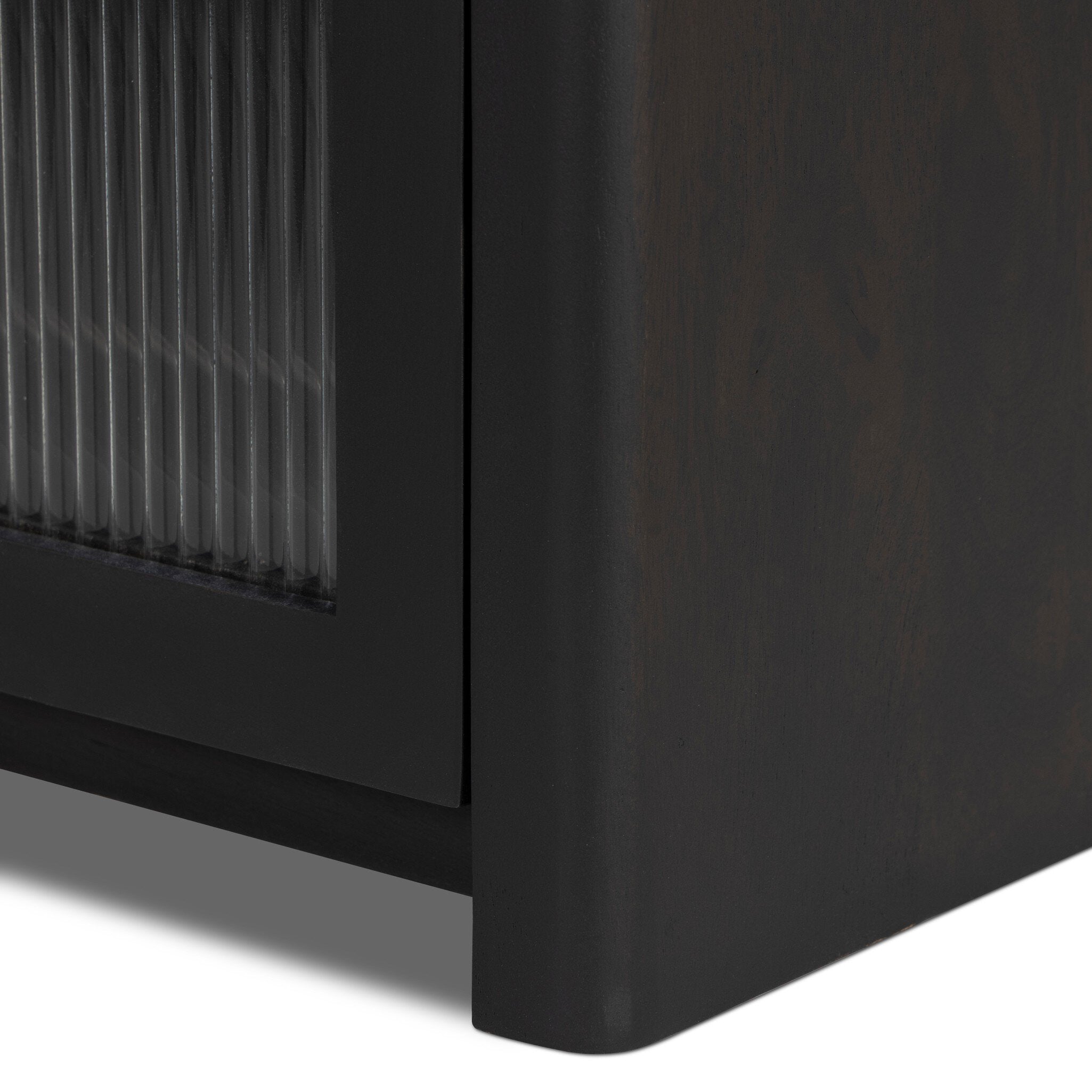 Four Hands Santiago Bar Cabinet — Smoked Black Mango-Fluted Glass-Irish Brown Marble