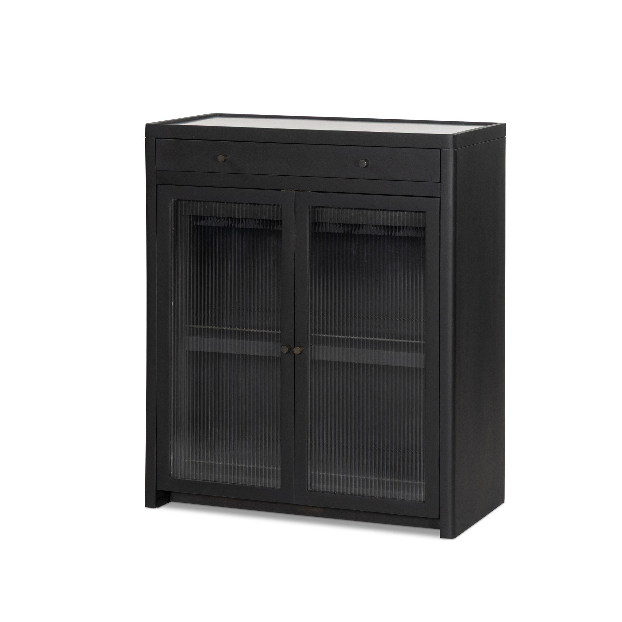 Four Hands Santiago Bar Cabinet — Smoked Black Mango-Fluted Glass-Irish Brown Marble