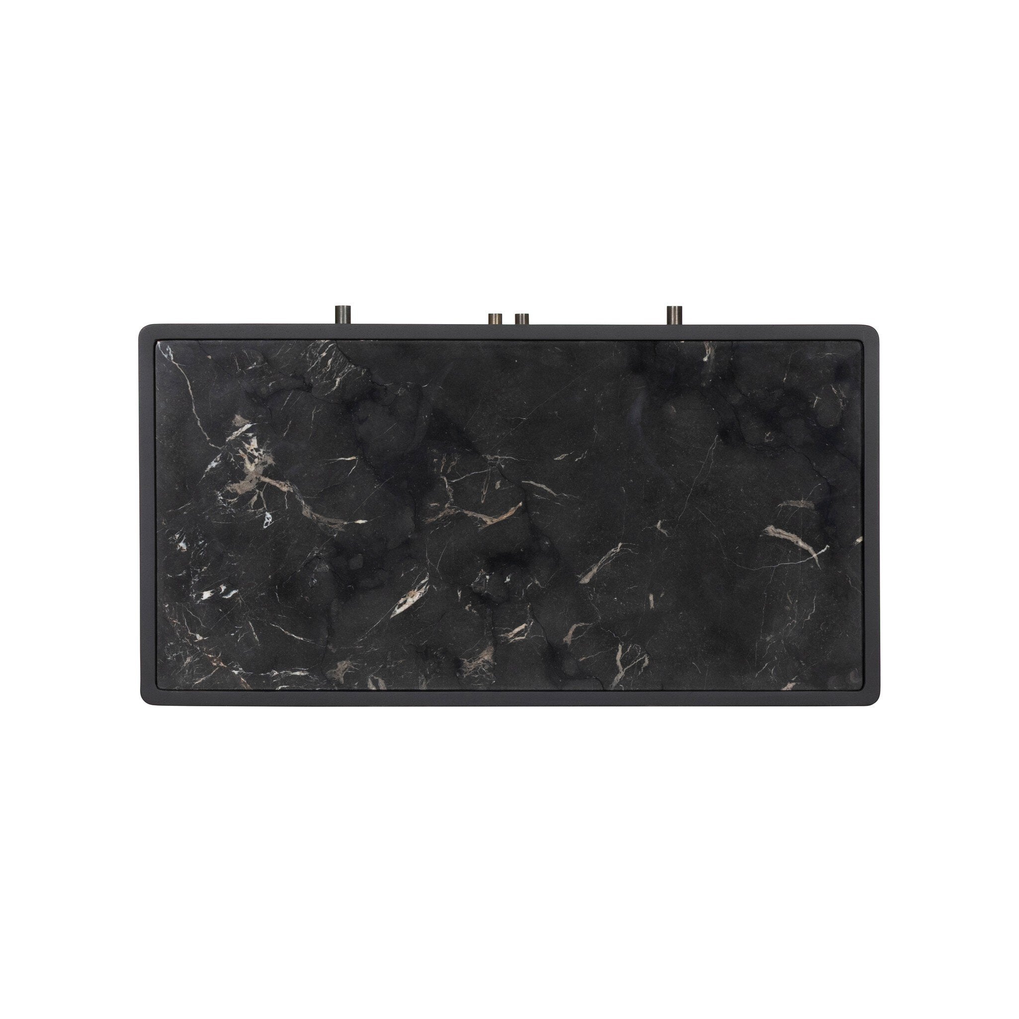 Four Hands Santiago Bar Cabinet — Smoked Black Mango-Fluted Glass-Irish Brown Marble