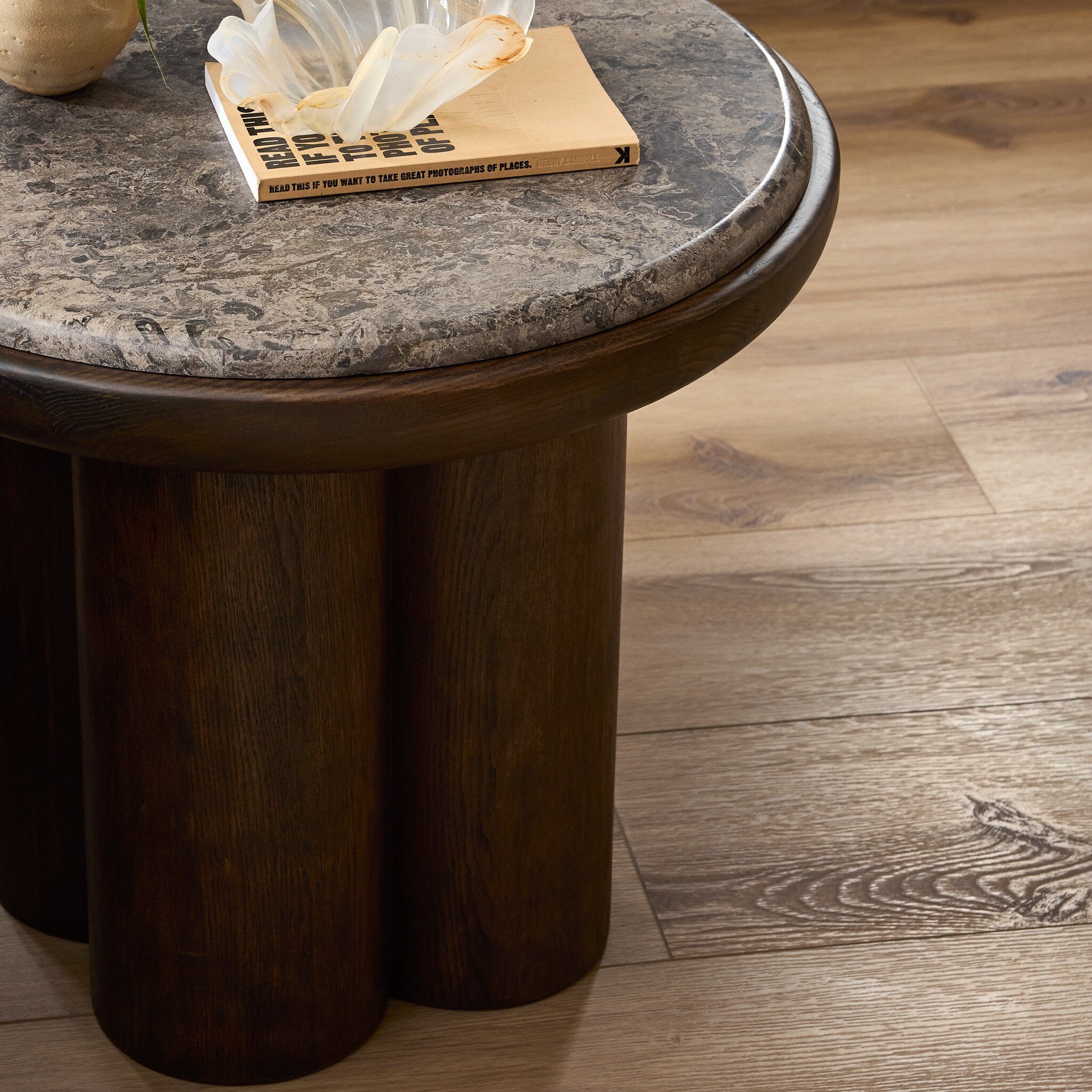 Four Hands Zeke End Table — Warm Grey Marble-Coco Nettlewood-Coco Ash Veneer