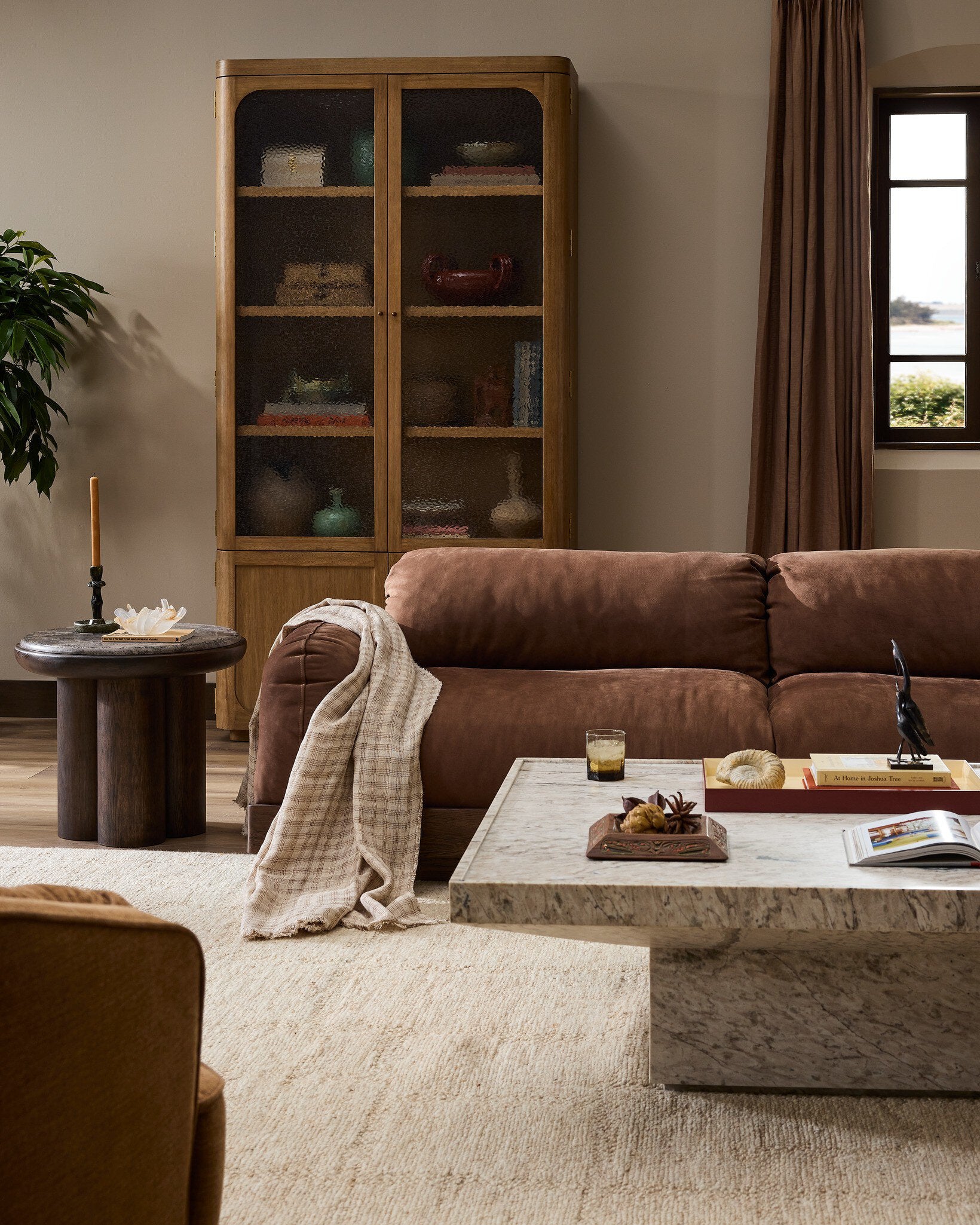 Four Hands Zeke End Table — Warm Grey Marble-Coco Nettlewood-Coco Ash Veneer