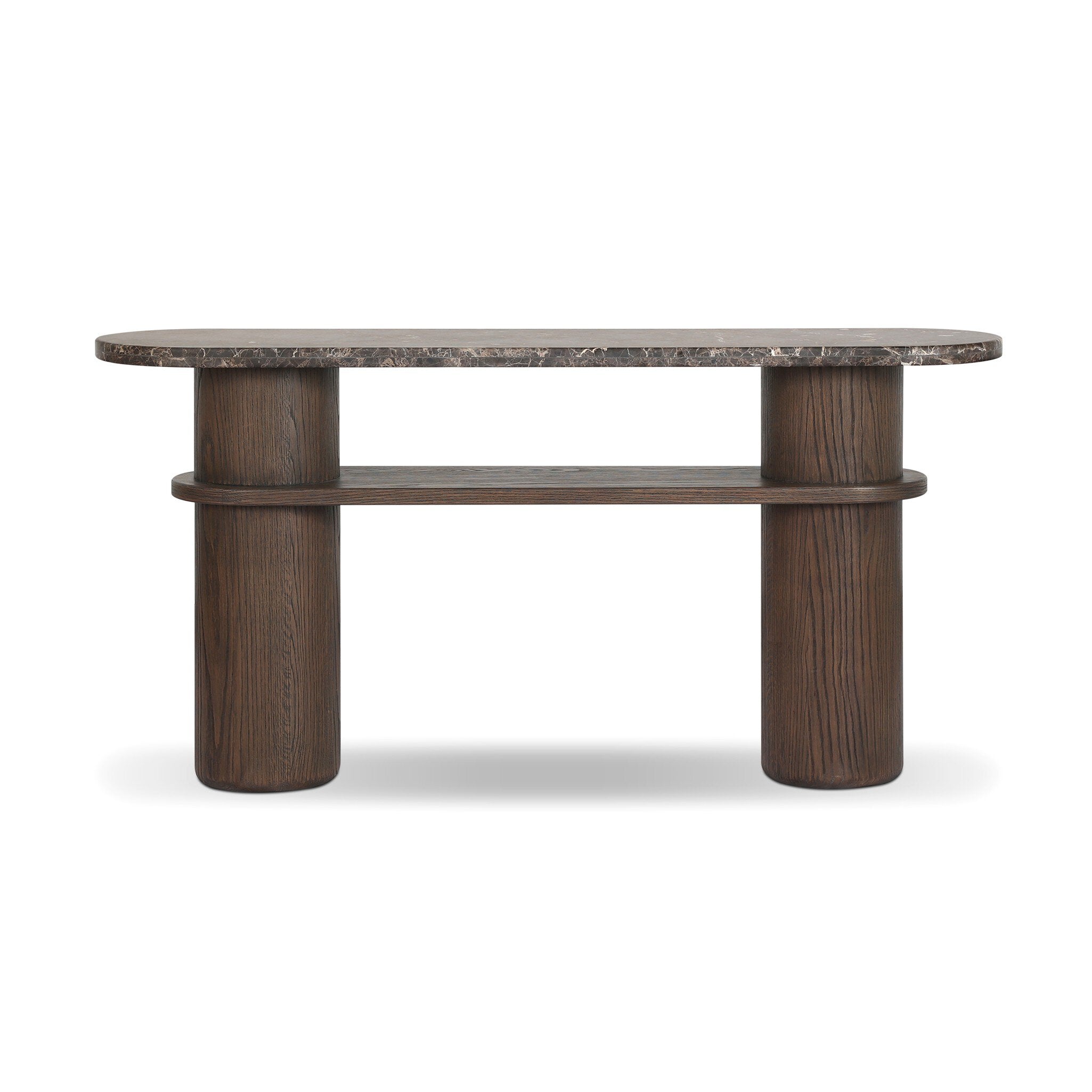 Four Hands Serova Console Table — Dark Honed Emperador Marble-Stained Saddle Brown Oak-Stained Saddle Brown Oak Veneer