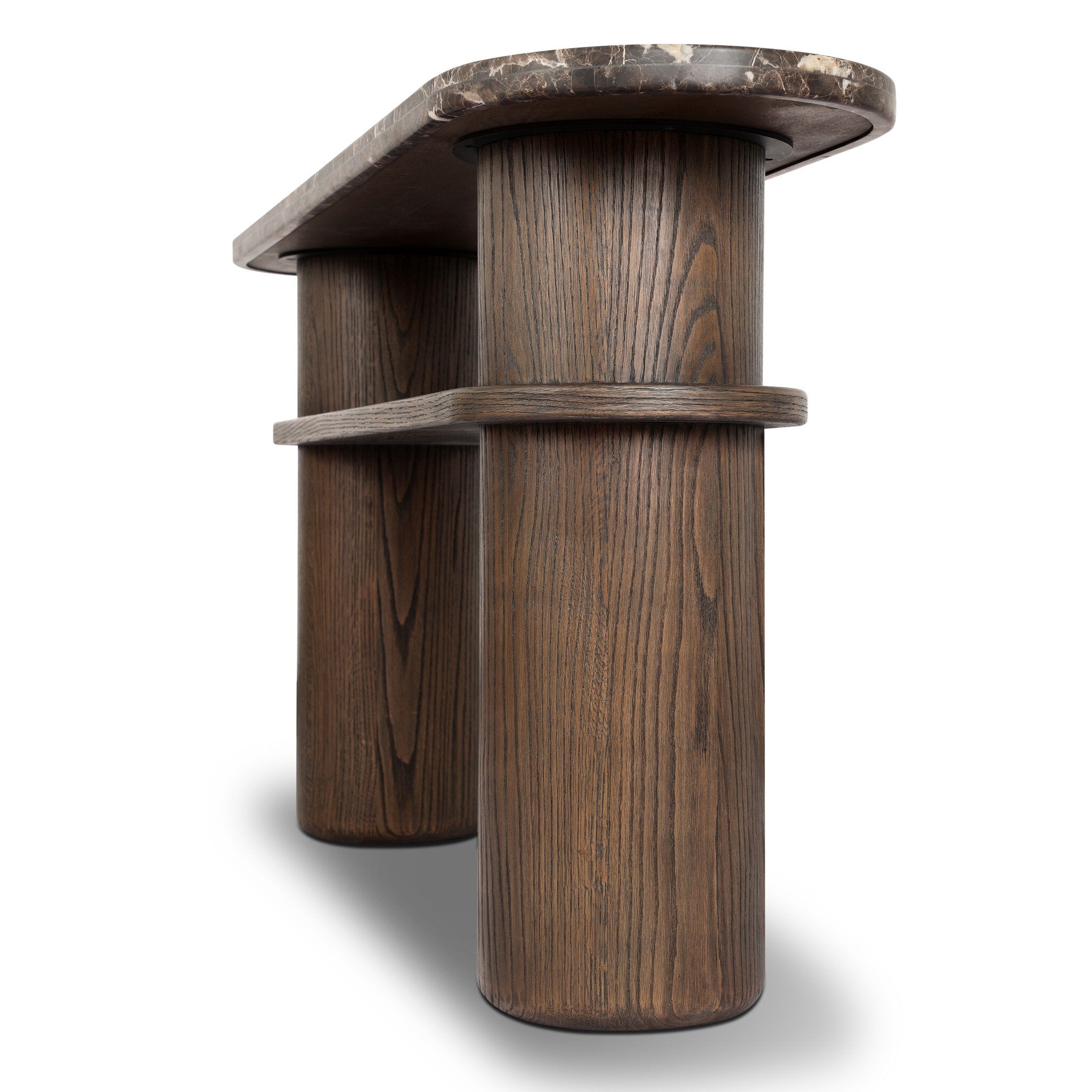 Four Hands Serova Console Table — Dark Honed Emperador Marble-Stained Saddle Brown Oak-Stained Saddle Brown Oak Veneer