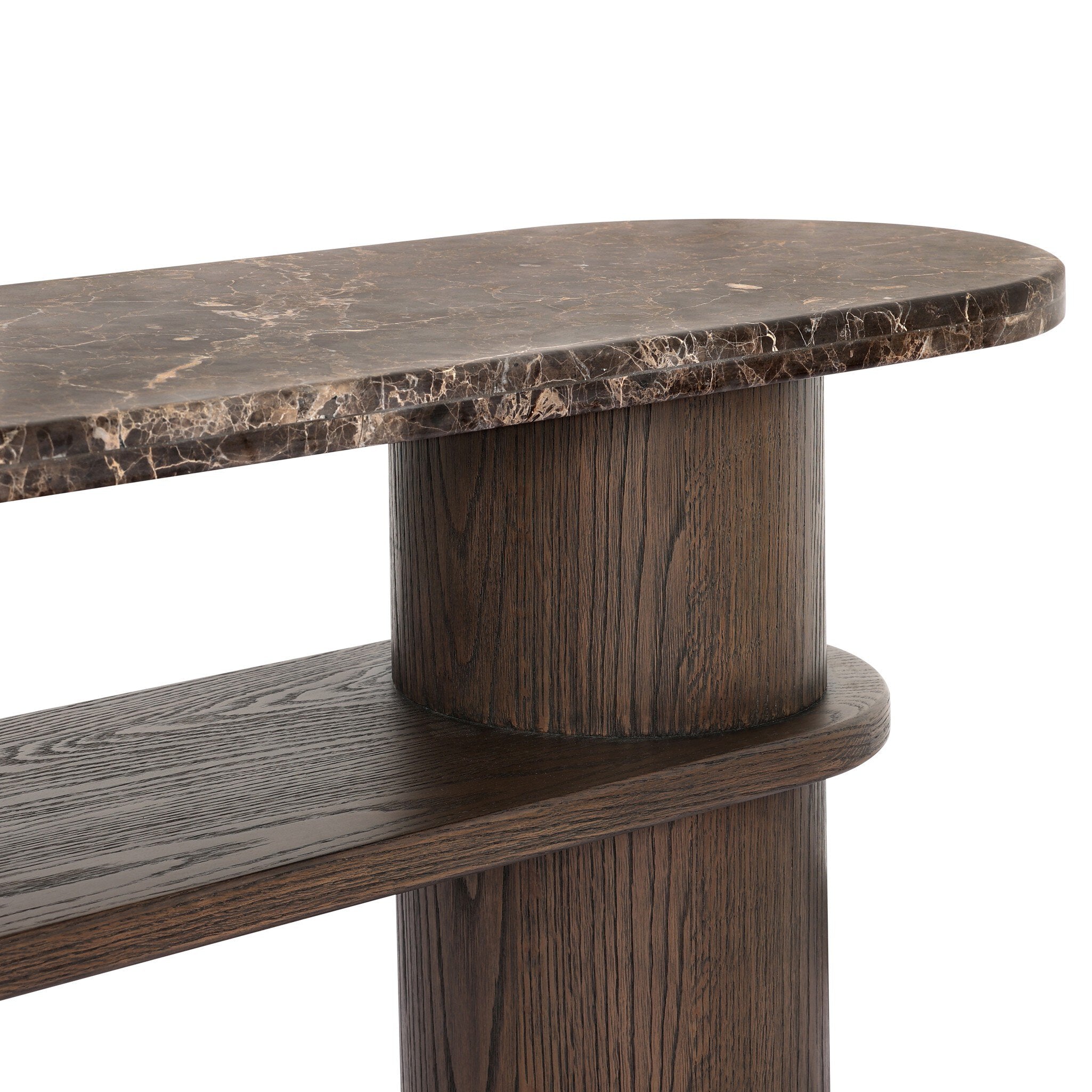 Four Hands Serova Console Table — Dark Honed Emperador Marble-Stained Saddle Brown Oak-Stained Saddle Brown Oak Veneer