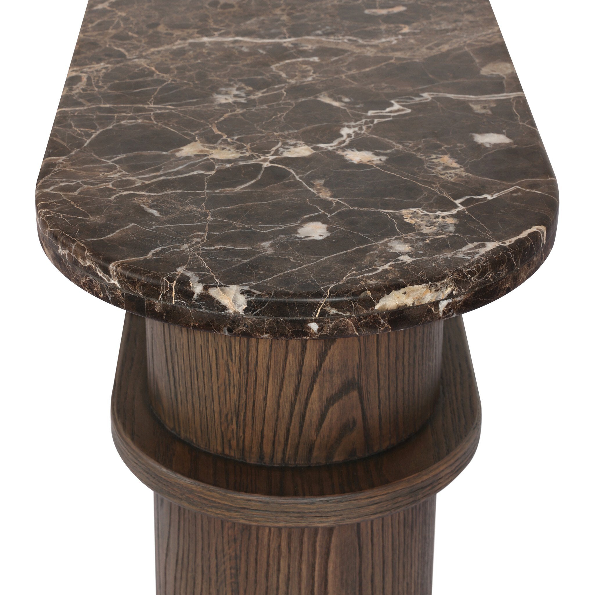 Four Hands Serova Console Table — Dark Honed Emperador Marble-Stained Saddle Brown Oak-Stained Saddle Brown Oak Veneer