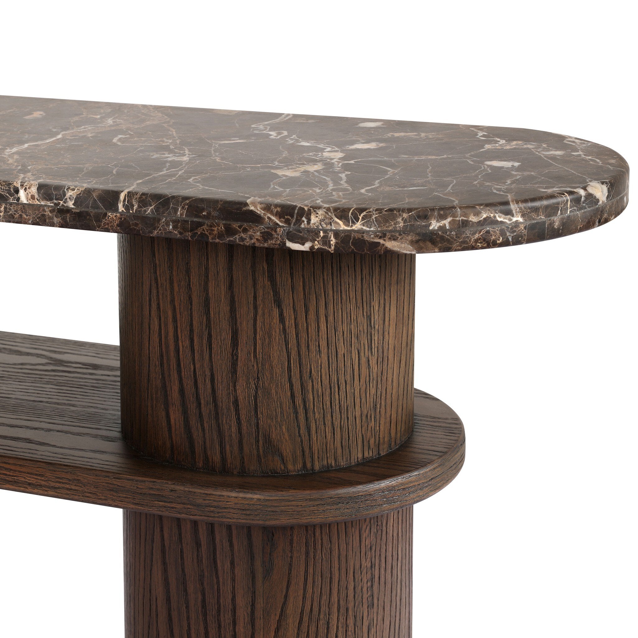 Four Hands Serova Console Table — Dark Honed Emperador Marble-Stained Saddle Brown Oak-Stained Saddle Brown Oak Veneer