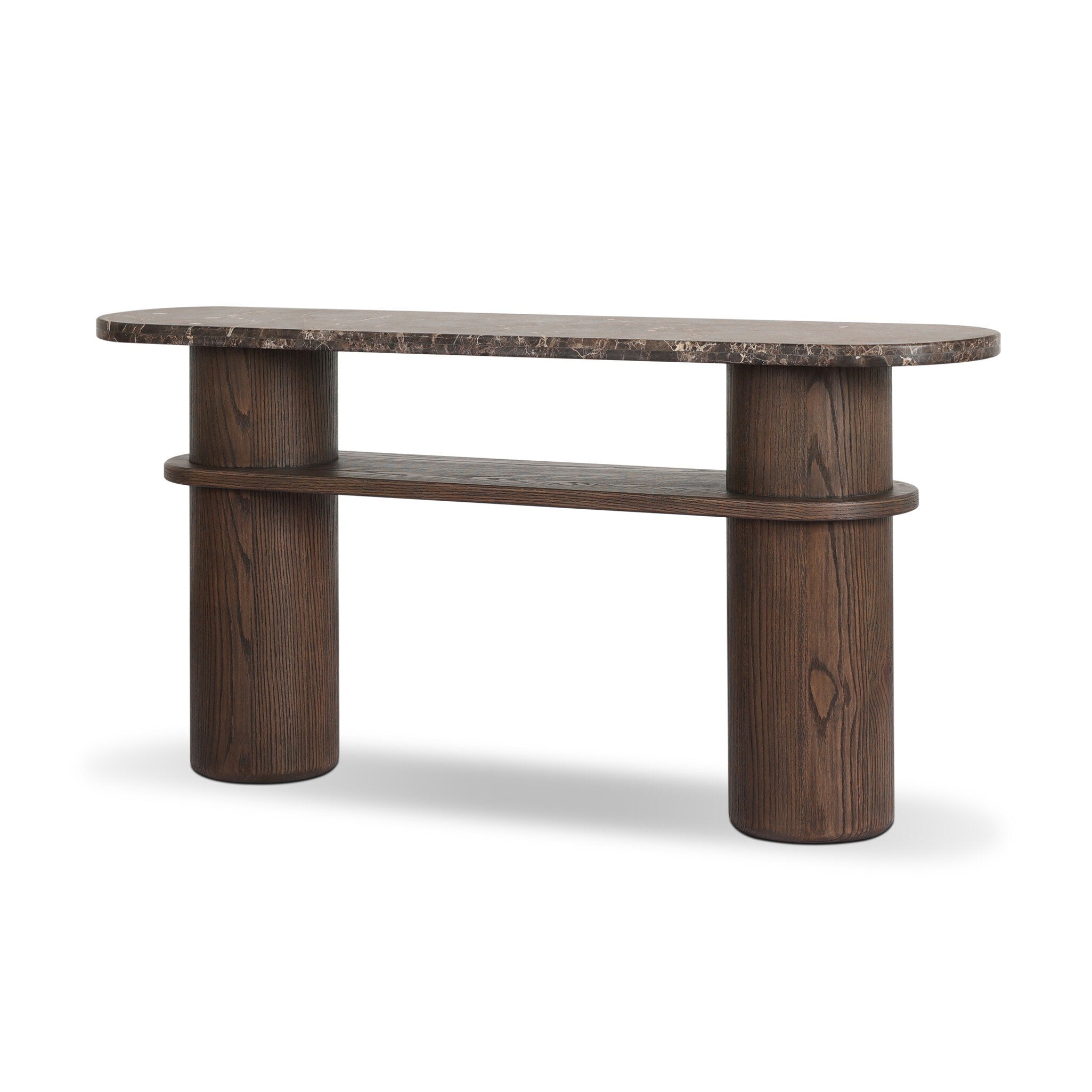 Four Hands Serova Console Table — Dark Honed Emperador Marble-Stained Saddle Brown Oak-Stained Saddle Brown Oak Veneer