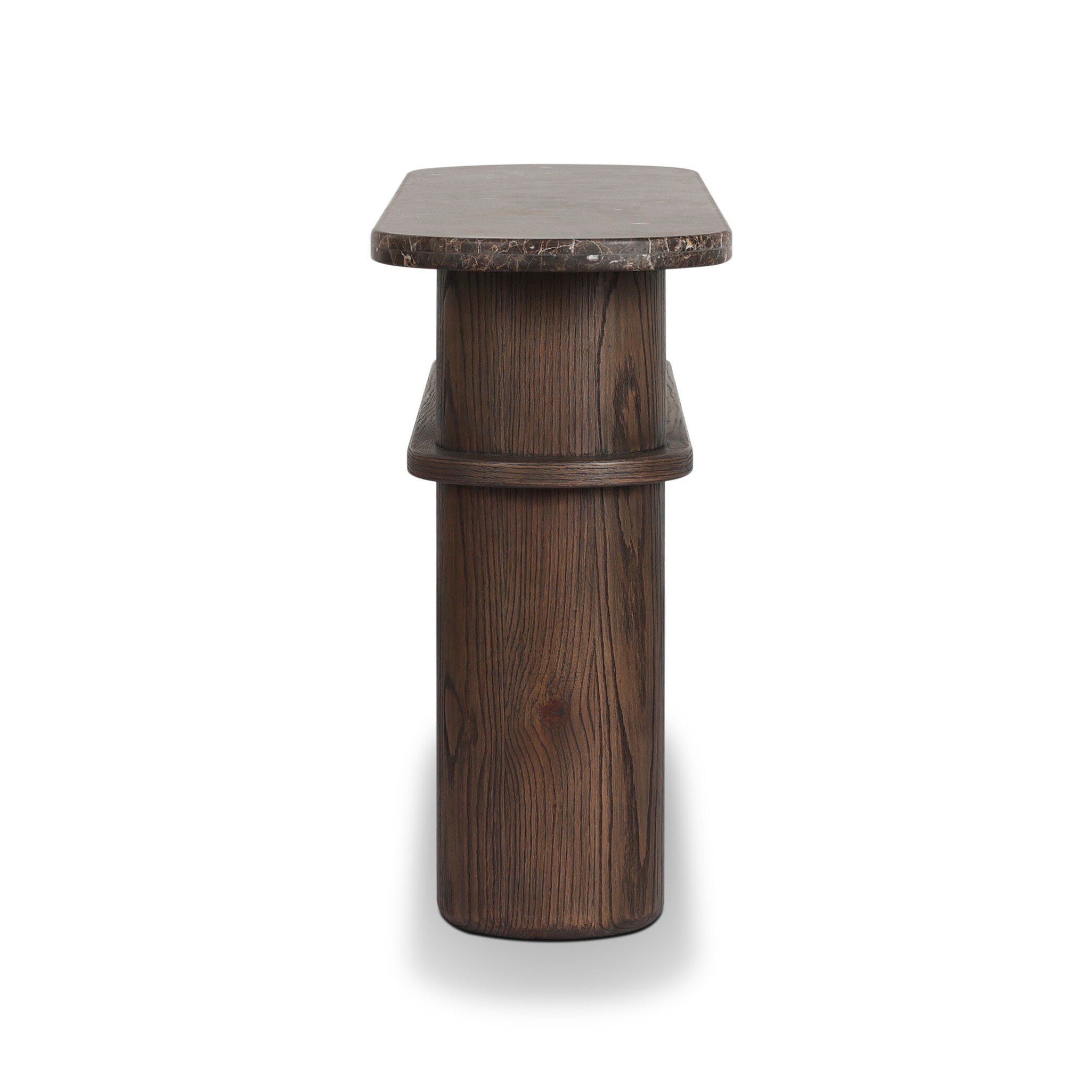 Four Hands Serova Console Table — Dark Honed Emperador Marble-Stained Saddle Brown Oak-Stained Saddle Brown Oak Veneer