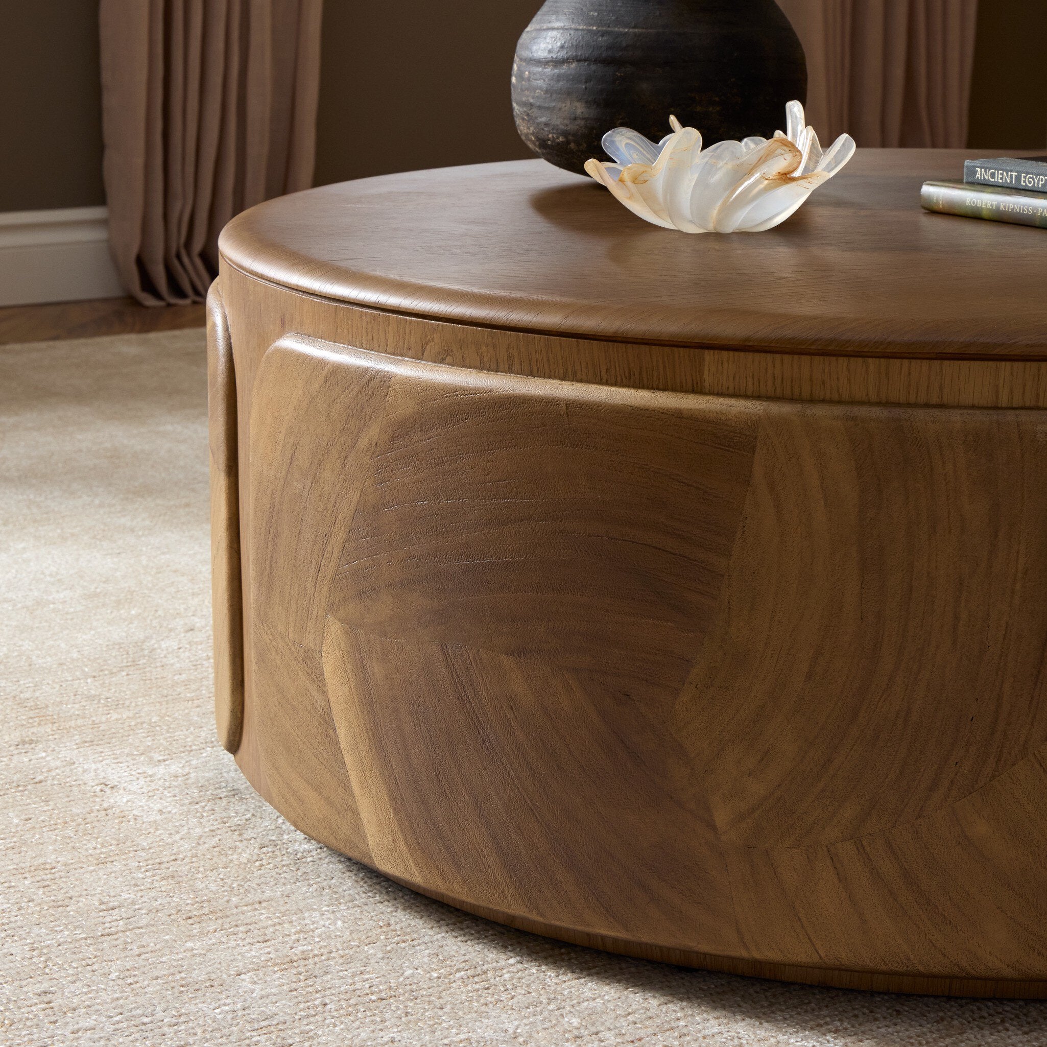 Four Hands Marlena Coffee Table — Ochre Guanacaste Oyster-Smoked American Oak Veneer-Smoked Oak Veneer