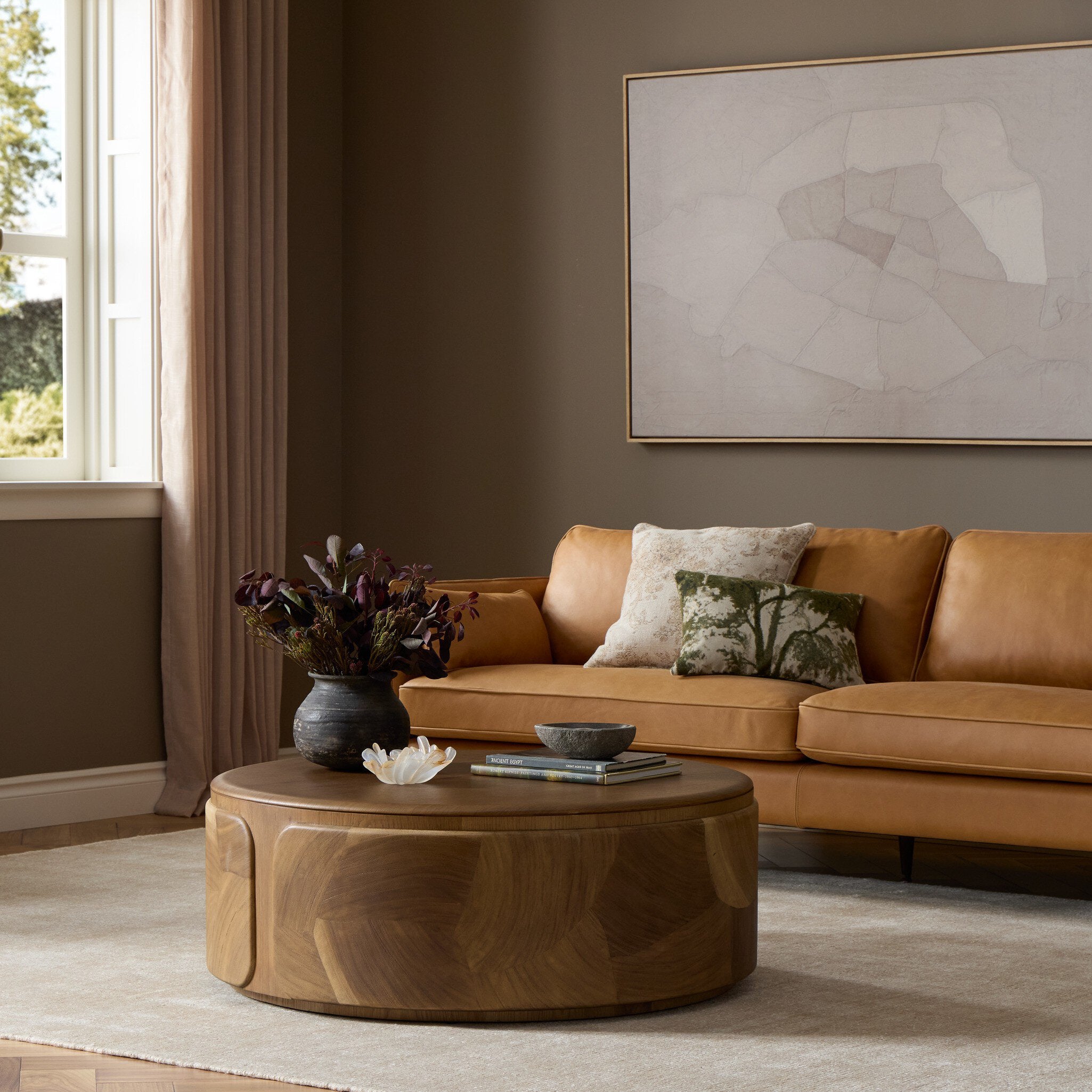 Four Hands Marlena Coffee Table — Ochre Guanacaste Oyster-Smoked American Oak Veneer-Smoked Oak Veneer