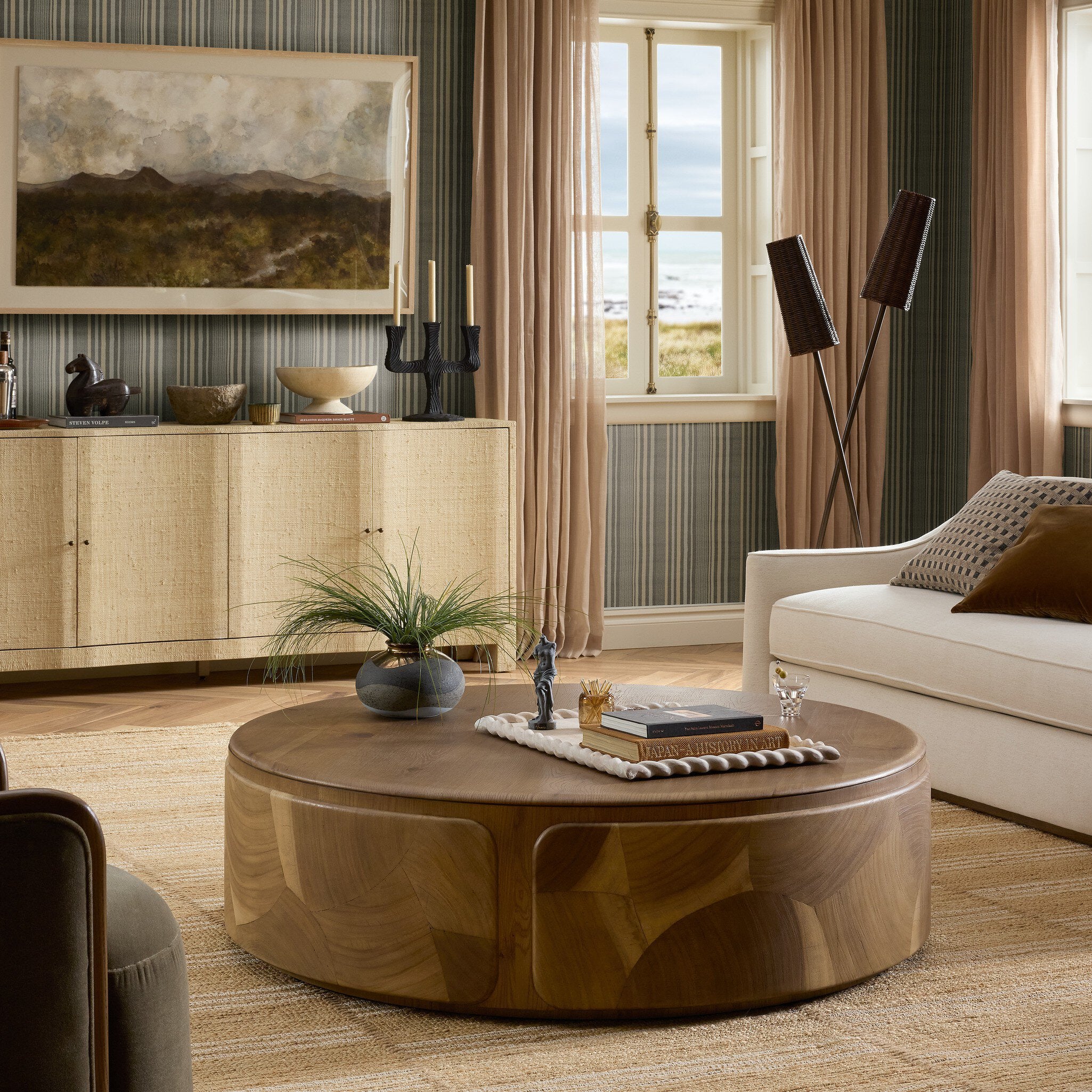 Four Hands Marlena Coffee Table — Ochre Guanacaste Oyster-Smoked American Oak Veneer-Smoked Oak Veneer